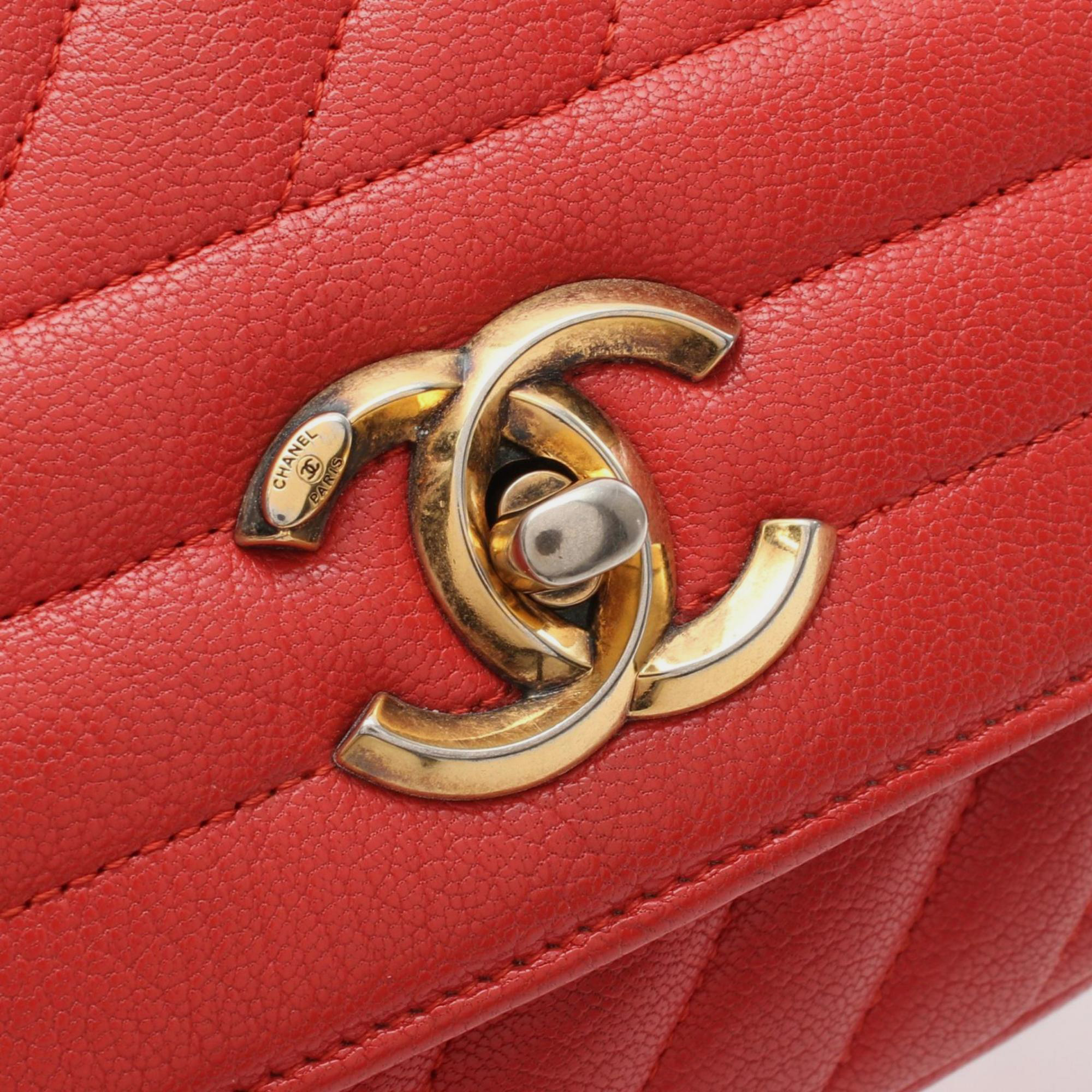 Chanel Red Leather Chevron Bias Stitch Shoulder Bag