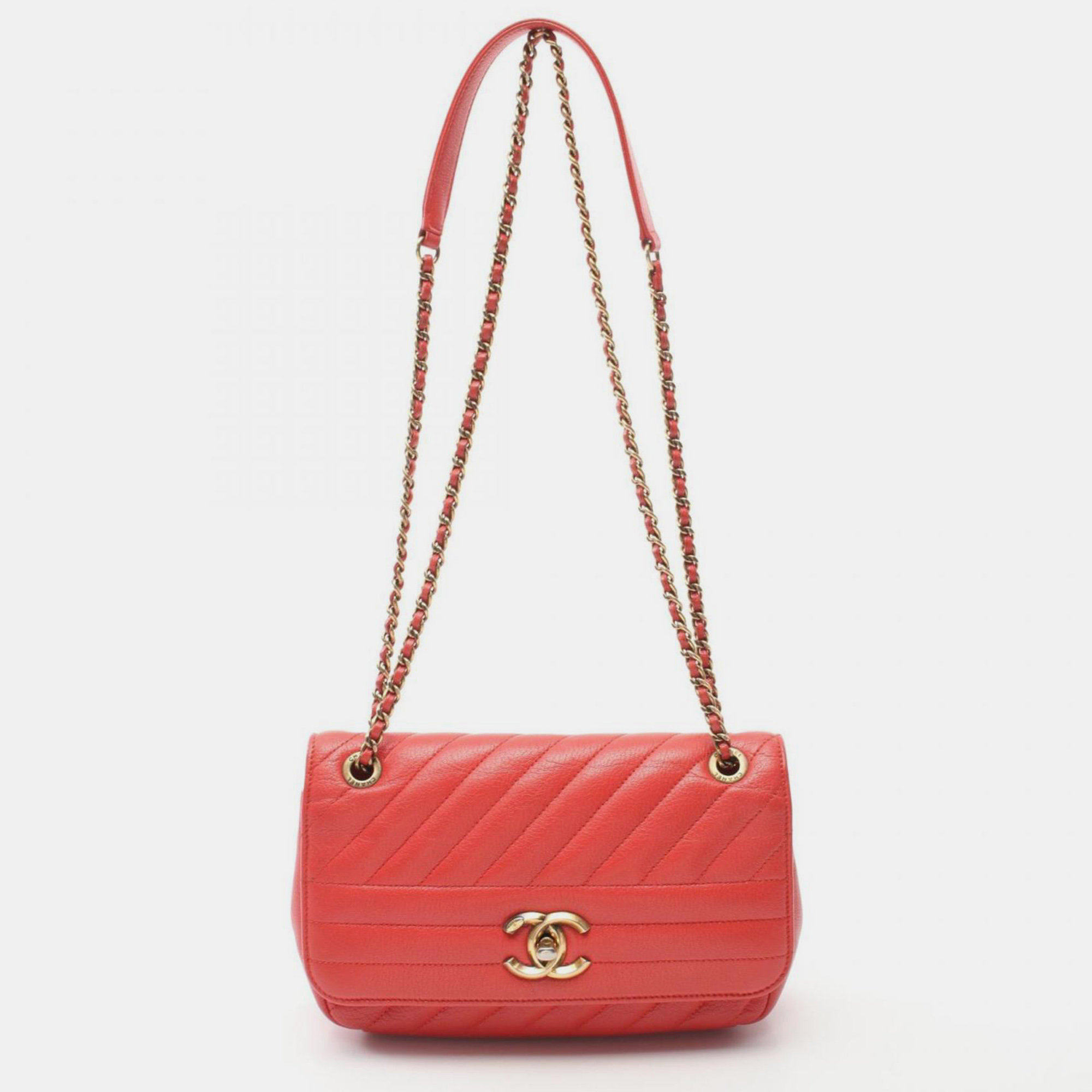 Chanel Red Leather Chevron Bias Stitch Shoulder Bag