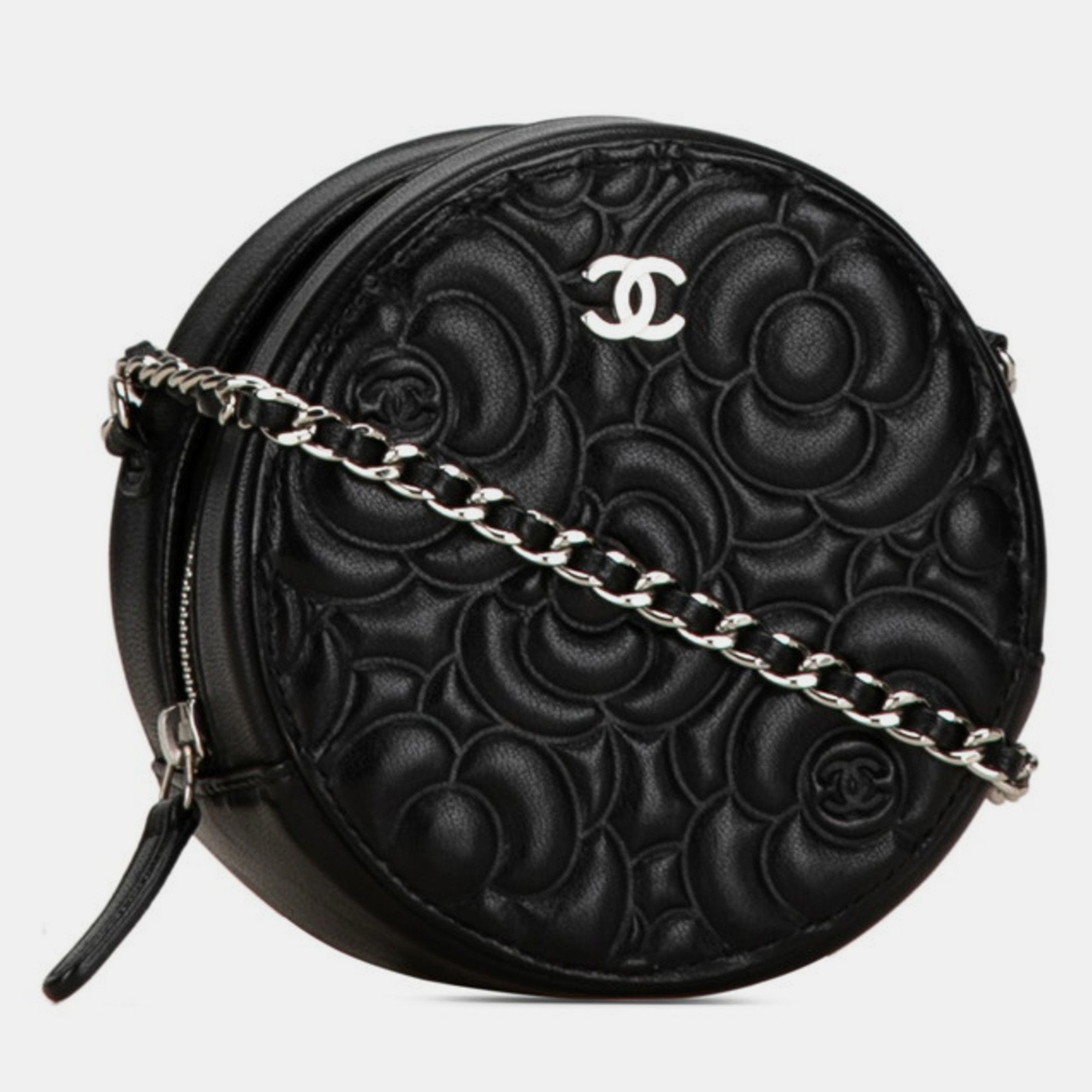 Chanel Black Leather Camellia Round Chain Pochette Shoulder Bag