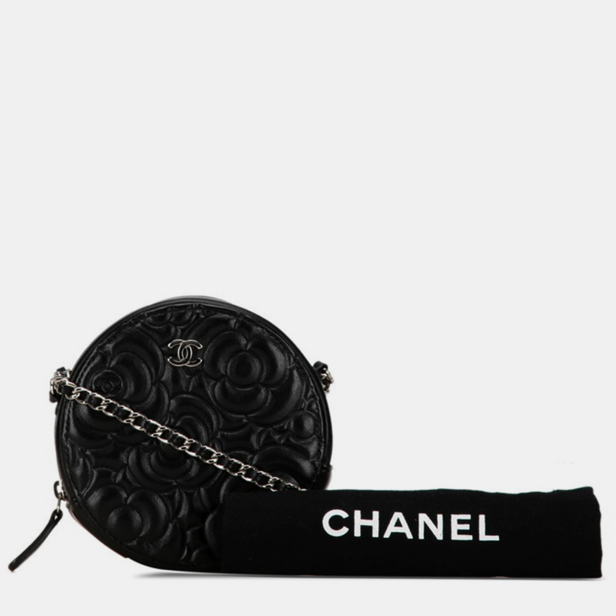 Chanel Black Leather Camellia Round Chain Pochette Shoulder Bag