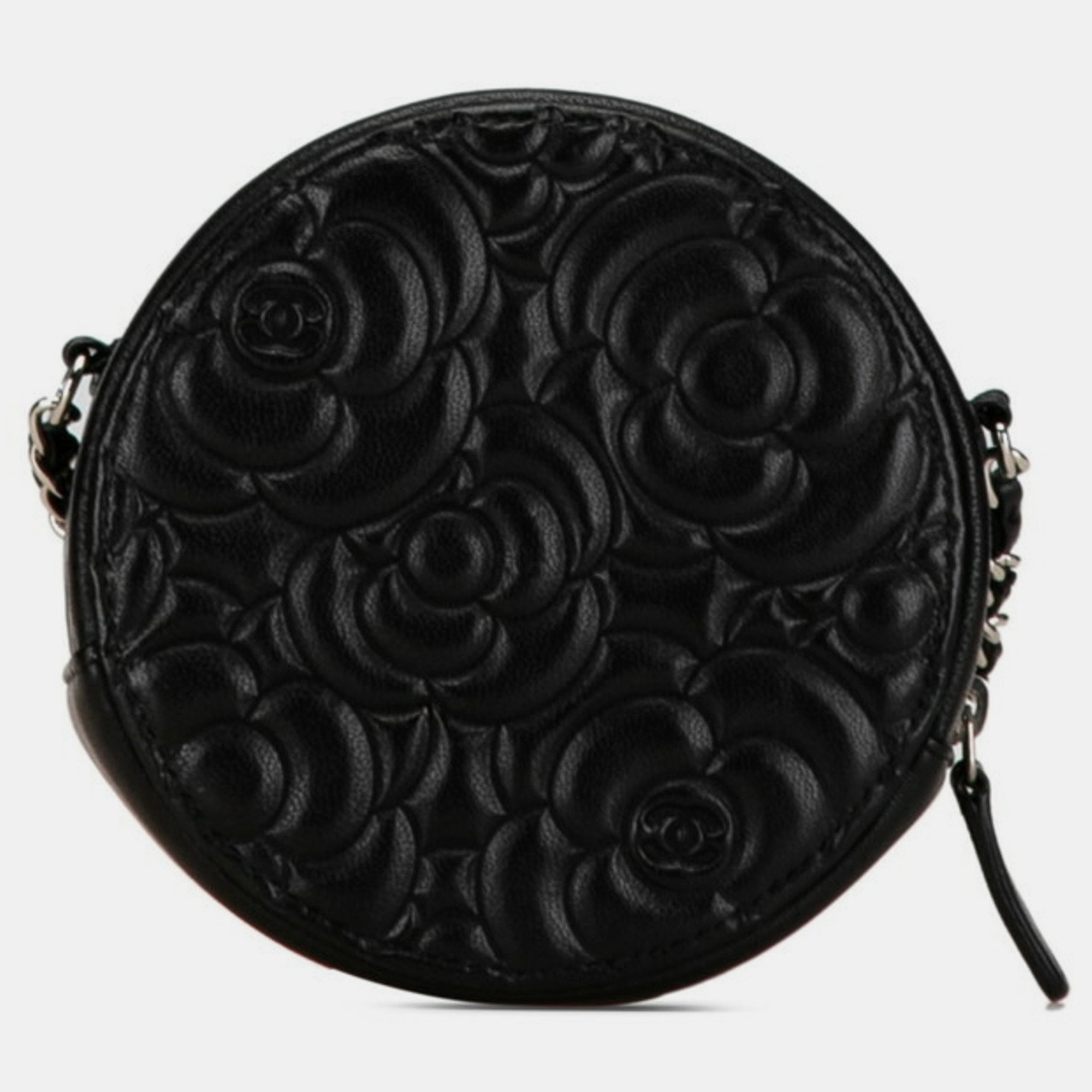 Chanel Black Leather Camellia Round Chain Pochette Shoulder Bag