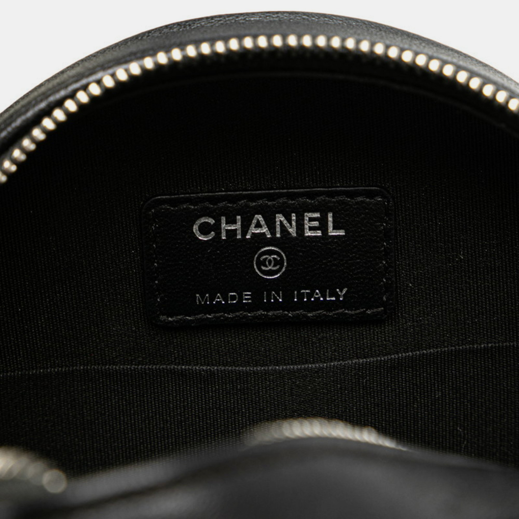 Chanel Black Leather Camellia Round Chain Pochette Shoulder Bag