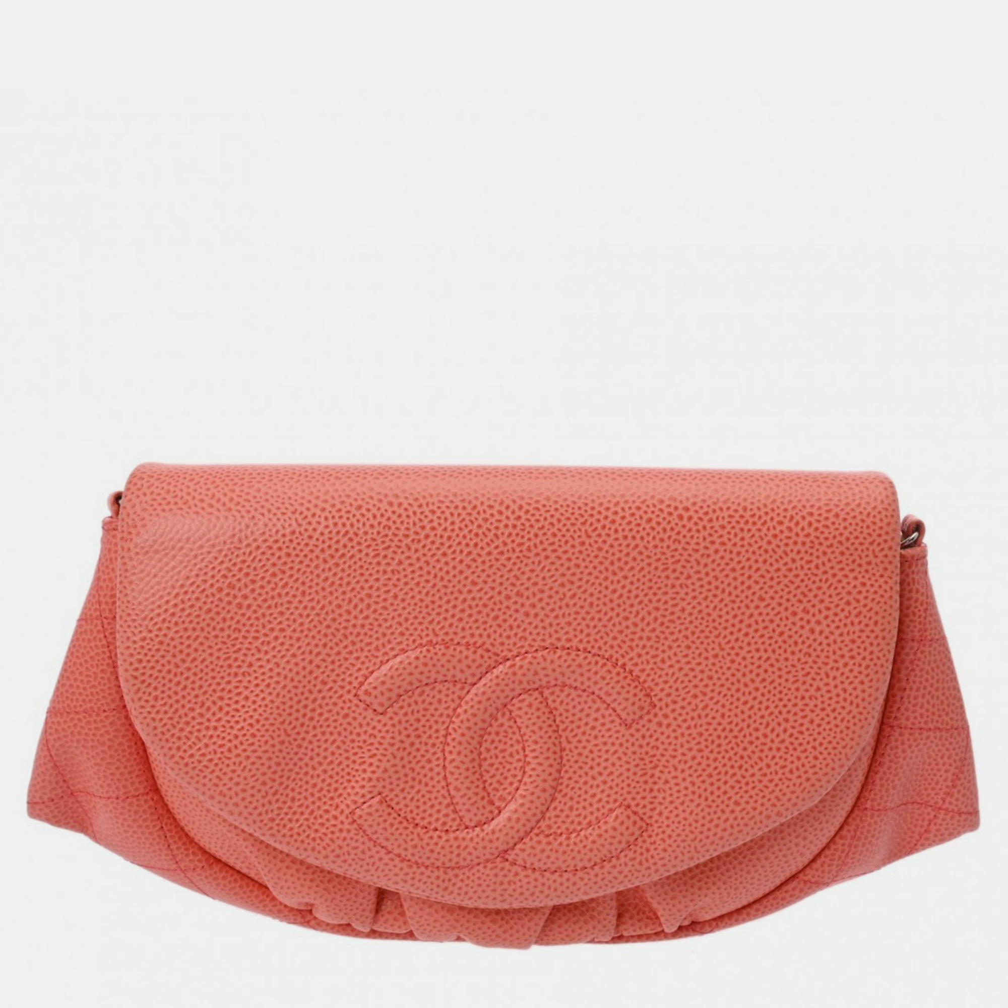 Chanel Orange Caviar Skin Half Moon Chain Wallet