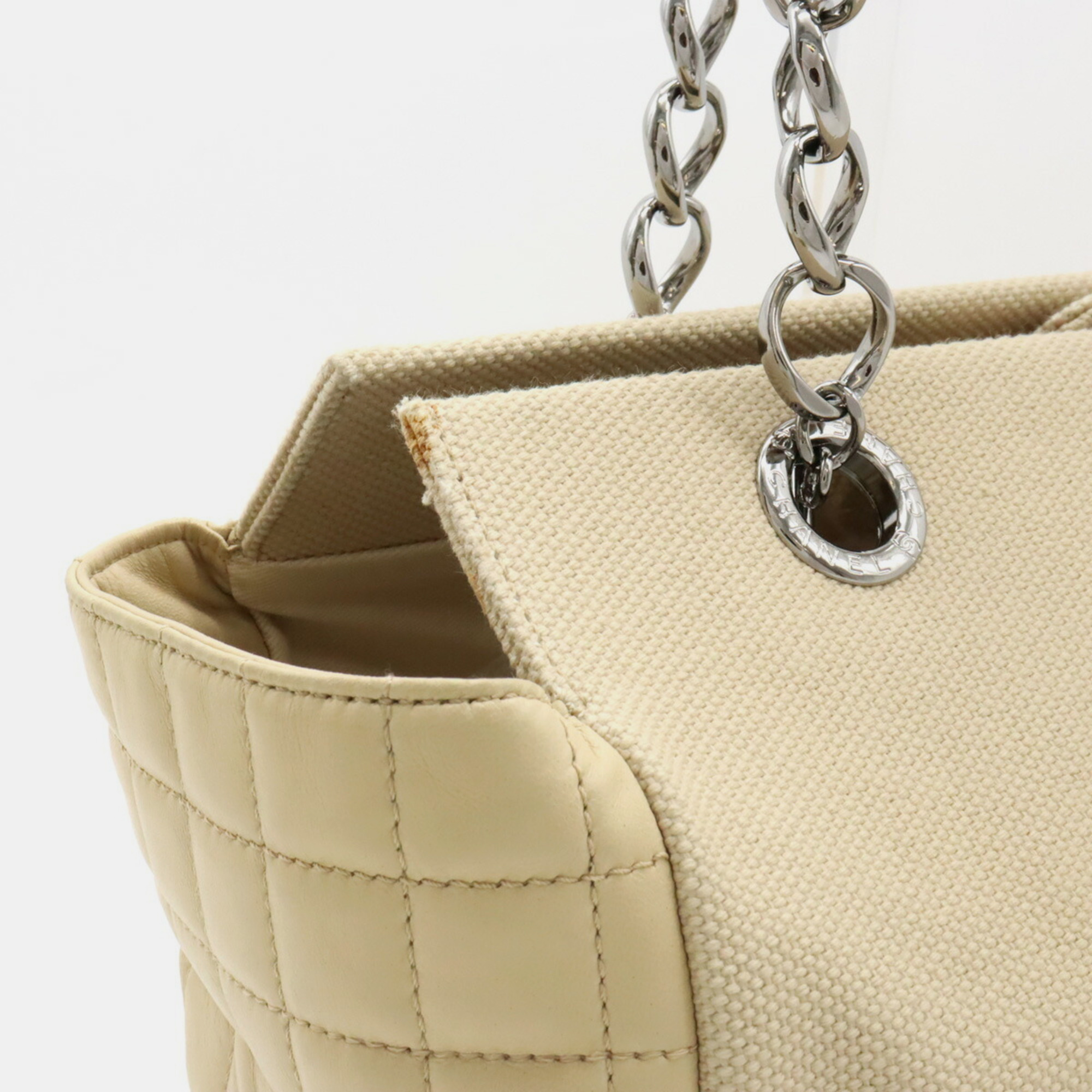 Chanel Beige Canvas Leather Coco Mark Chain Shoulder Tote Bag