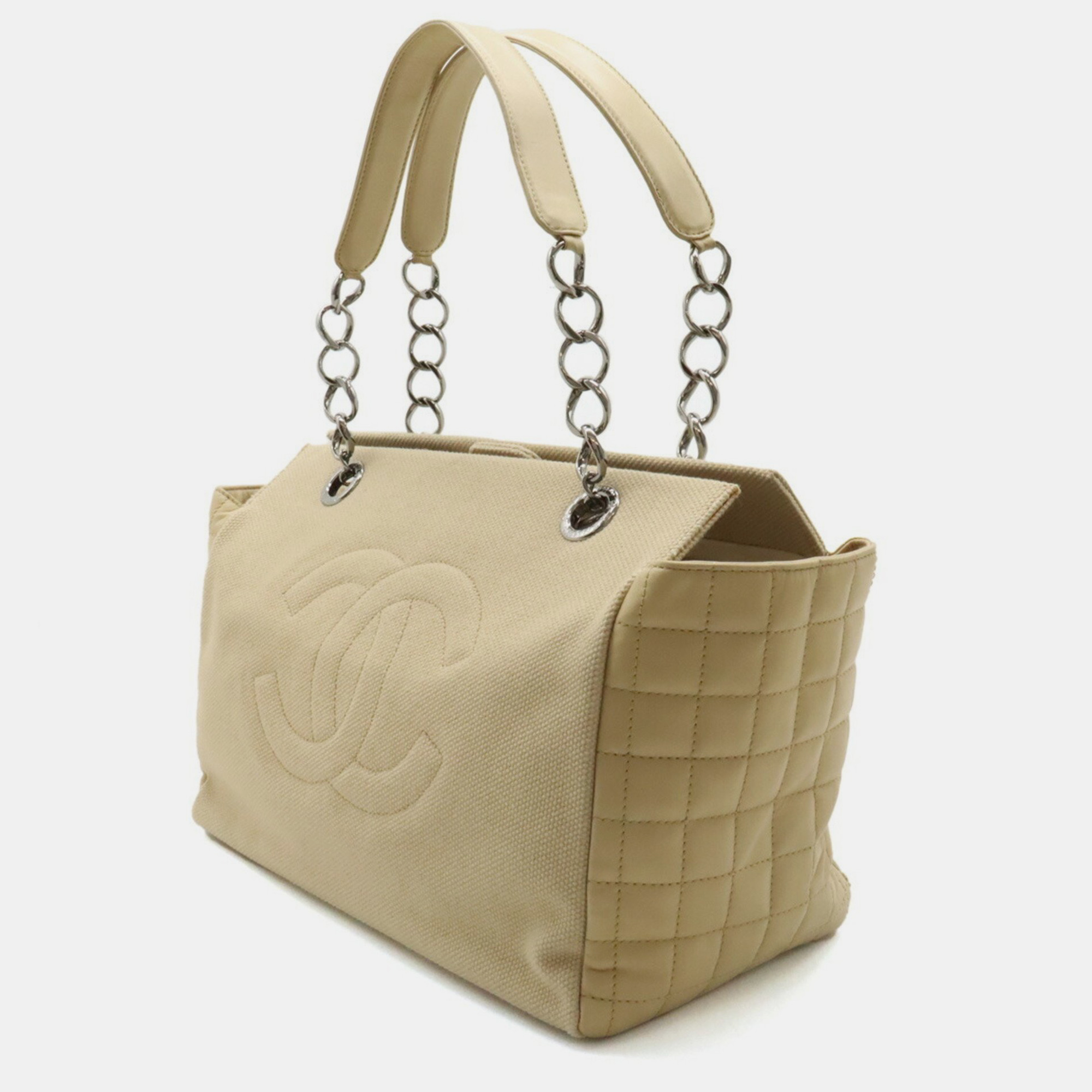 Chanel Beige Canvas Leather Coco Mark Chain Shoulder Tote Bag