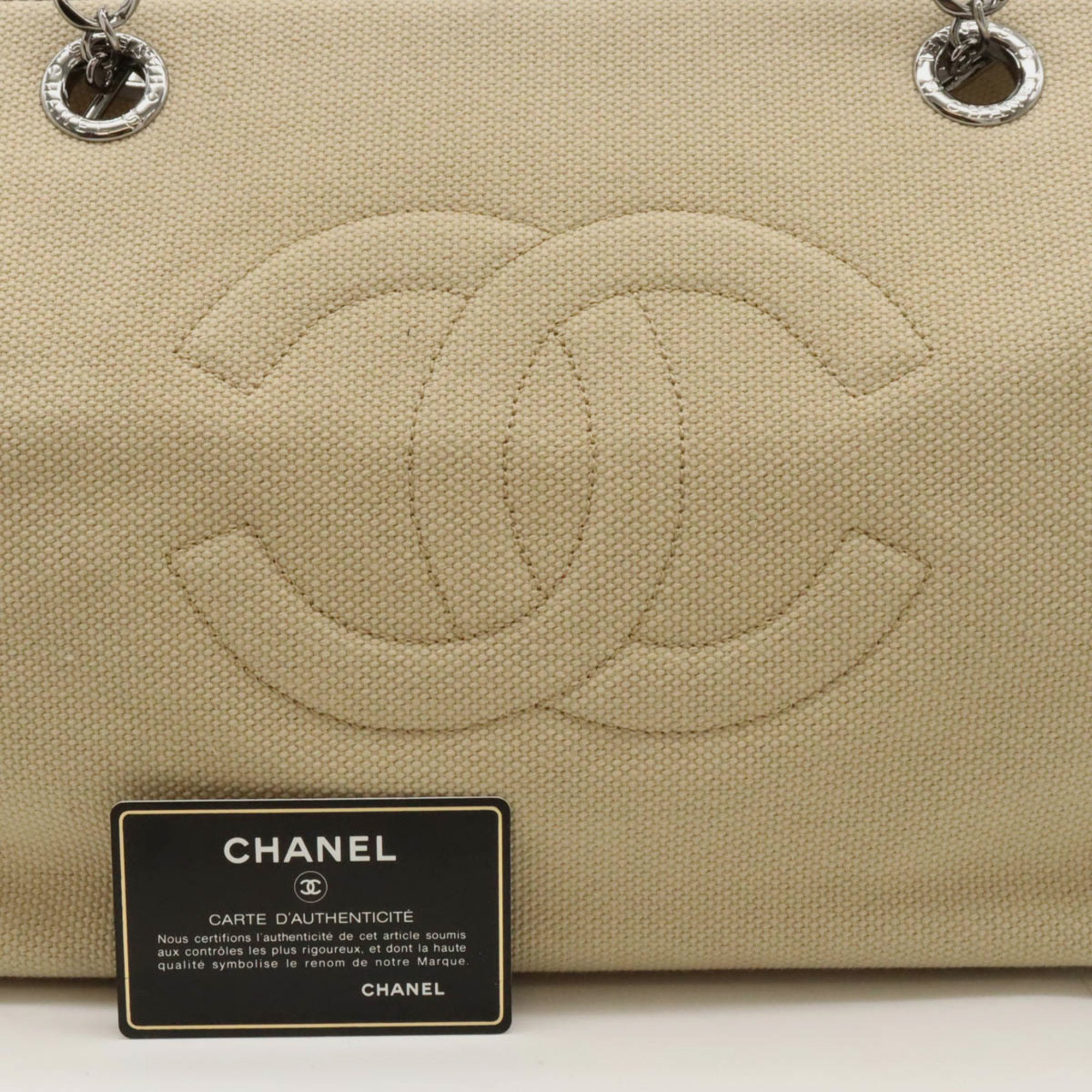 Chanel Beige Canvas Leather Coco Mark Chain Shoulder Tote Bag