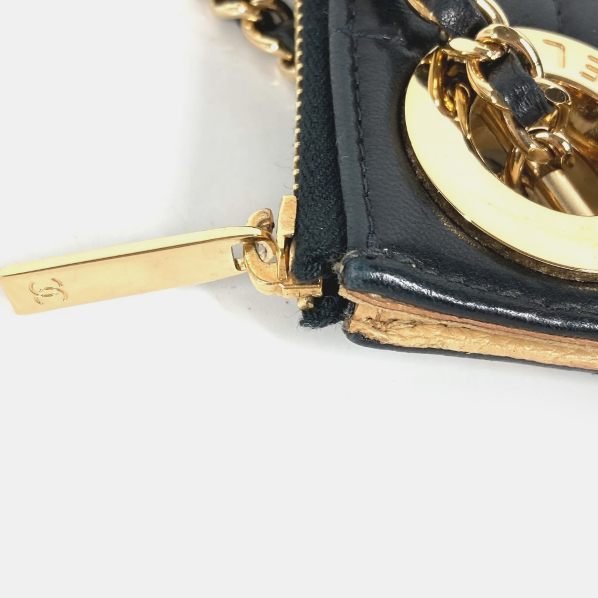 Chanel Black Gold Chocolate Bar L-Shaped Zipper Chain Clutch Bag