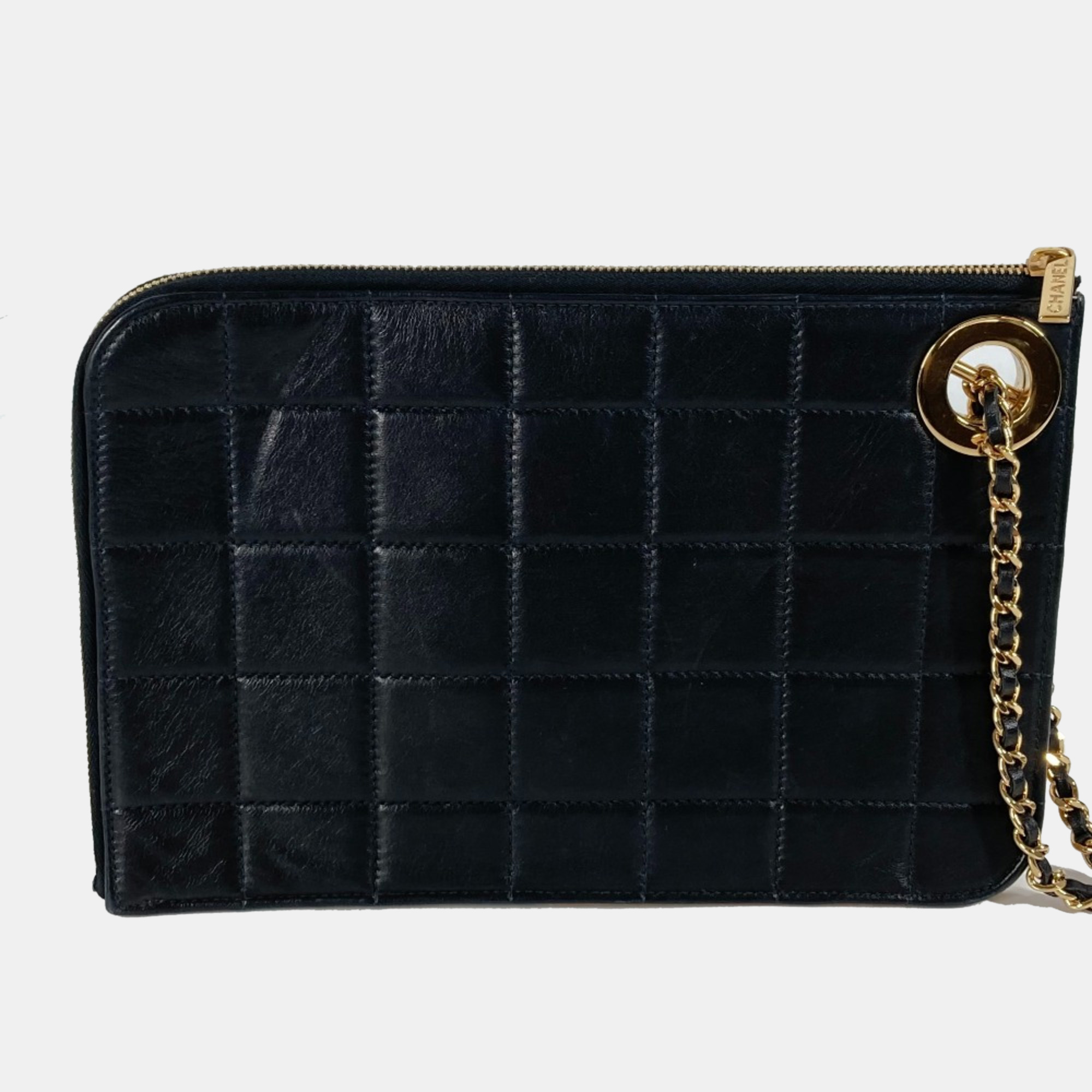 Chanel Black Gold Chocolate Bar L-Shaped Zipper Chain Clutch Bag