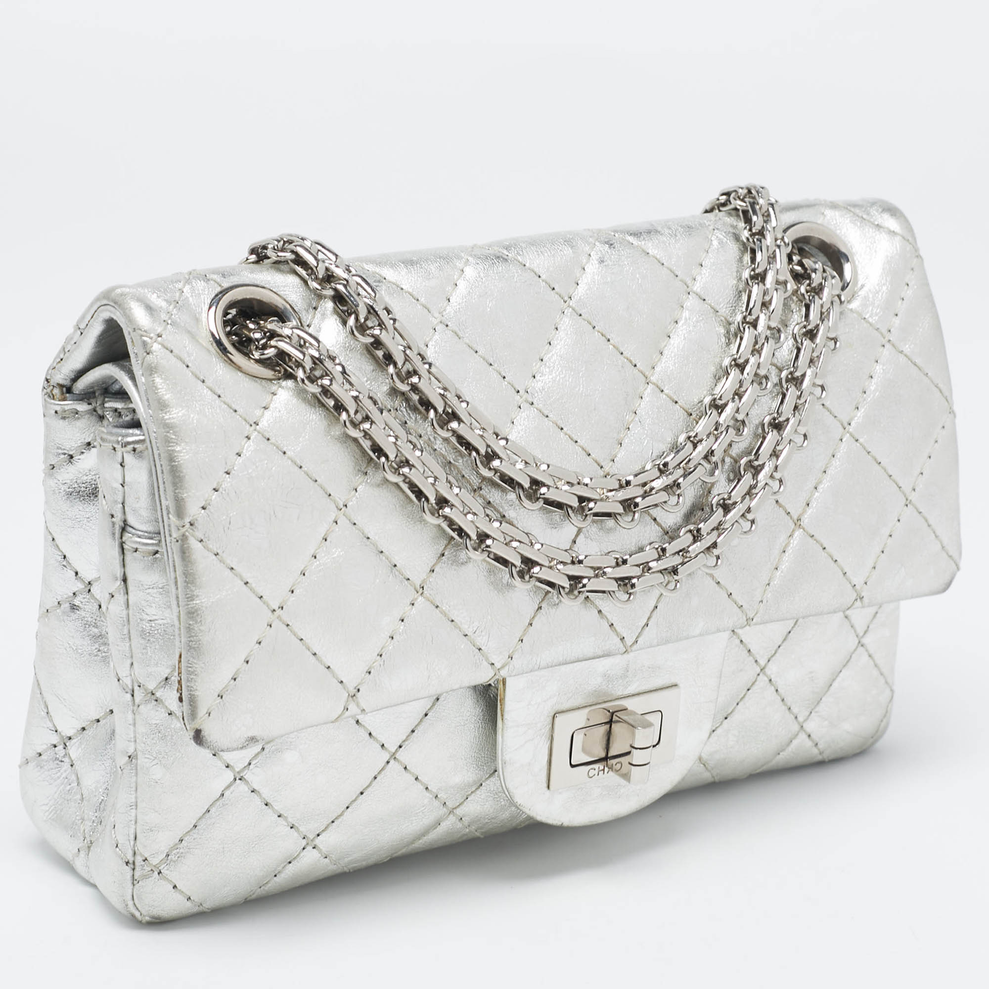 Chanel Silver Quilted Patent Leather Classic 224 Reissue 2.55 Flap Bag