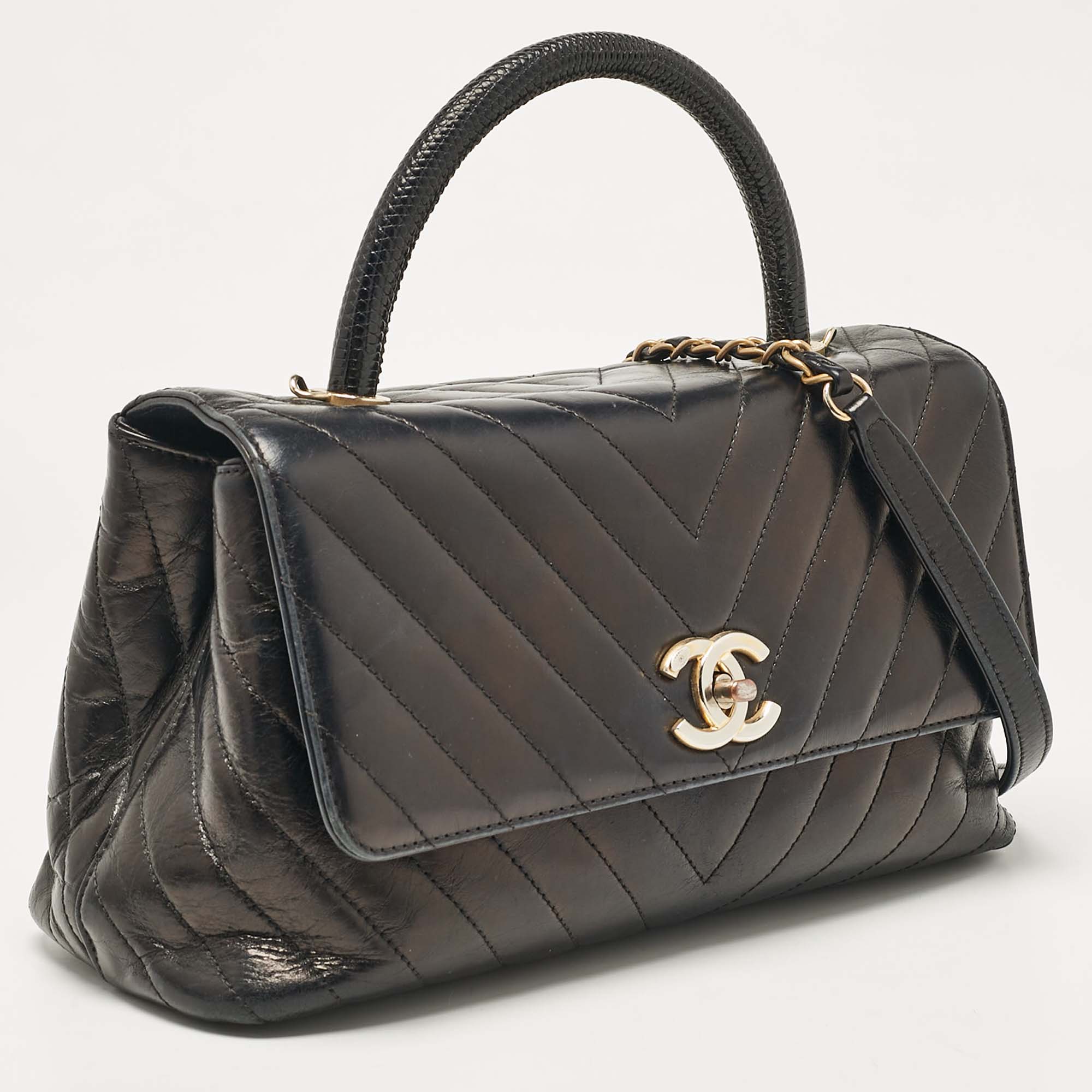 Chanel Black Chevron Leather Small Coco Top Handle Bag