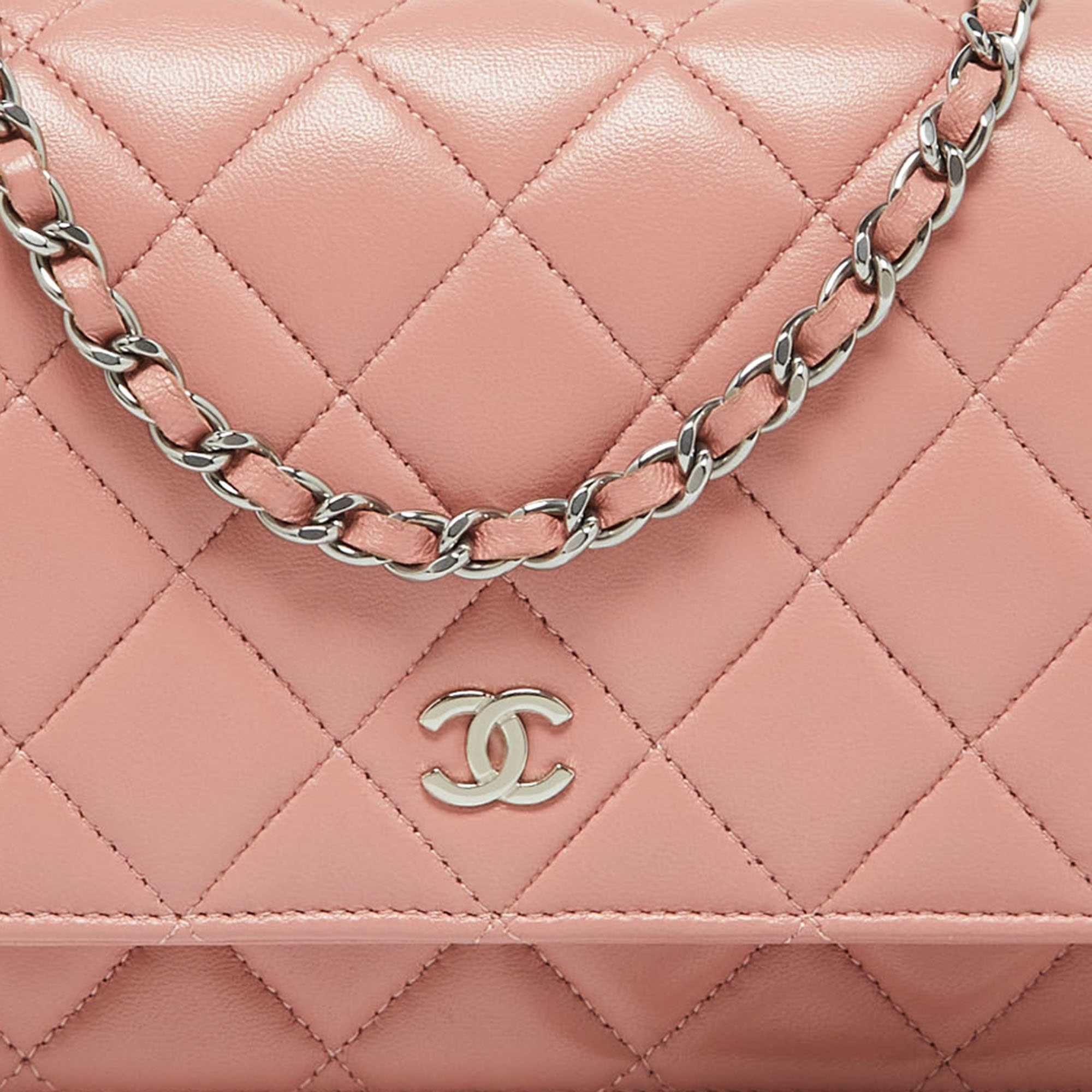 Chanel Peach Pink Quilted Leather CC Flap Wallet On Chain