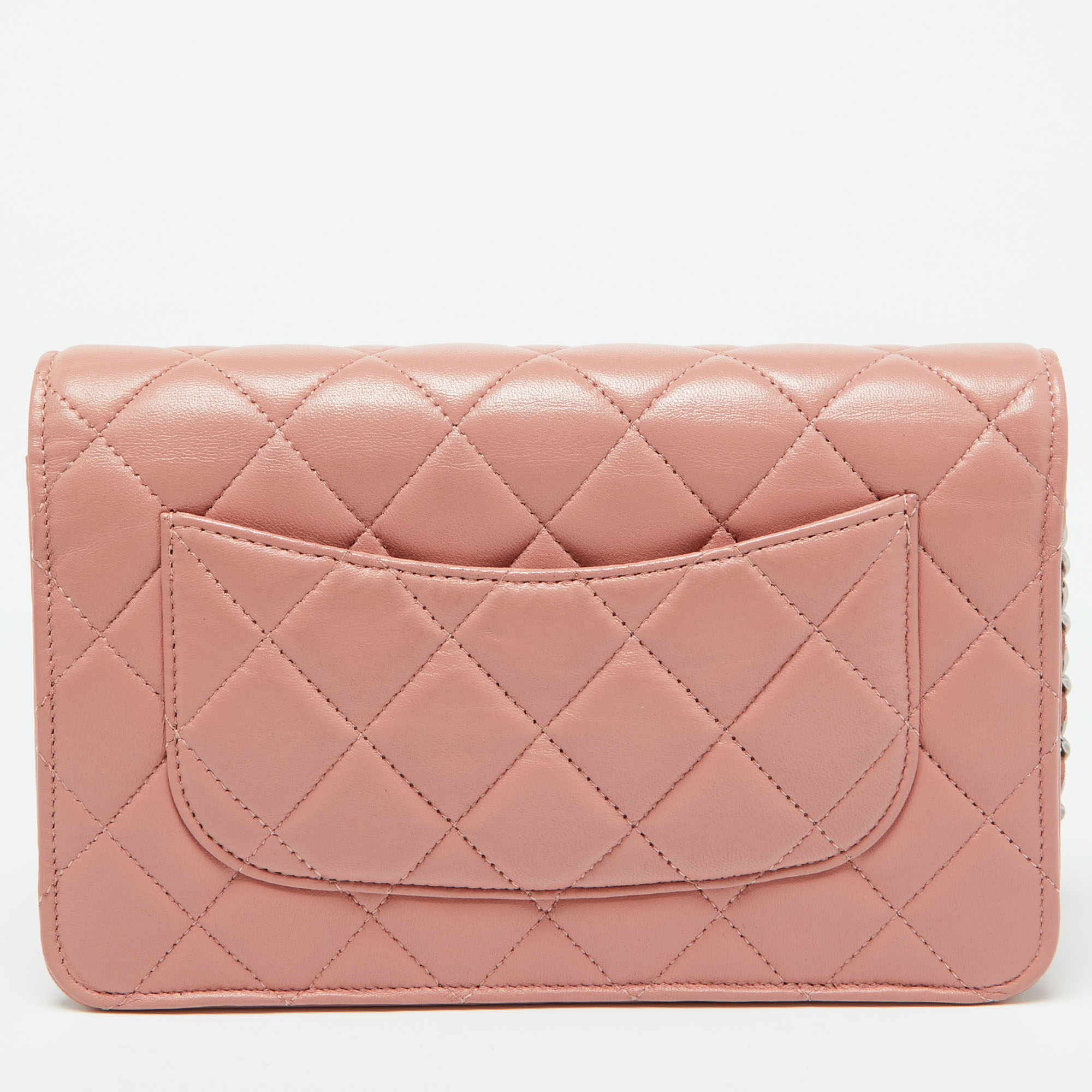 Chanel Peach Pink Quilted Leather CC Flap Wallet On Chain