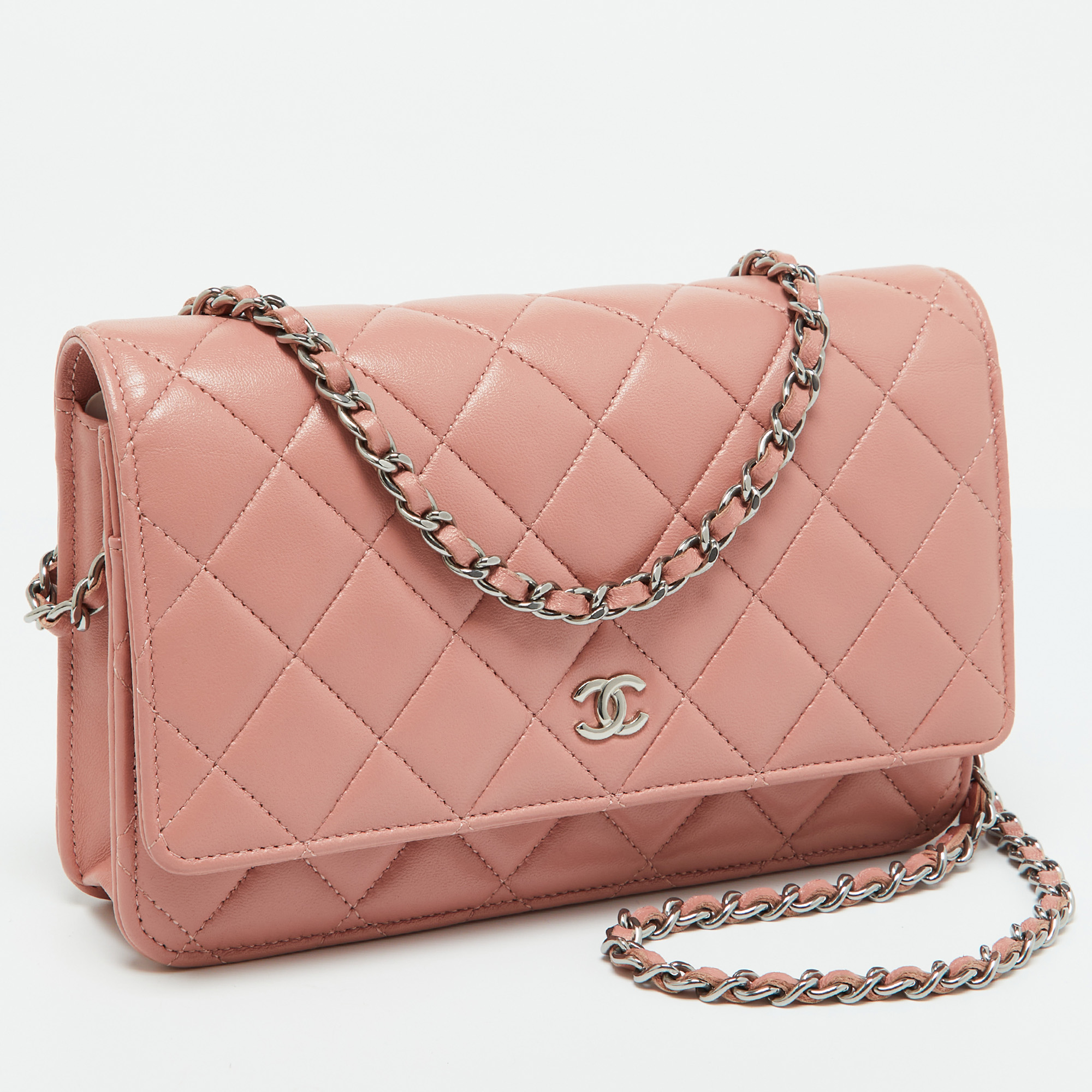 Chanel Peach Pink Quilted Leather CC Flap Wallet On Chain