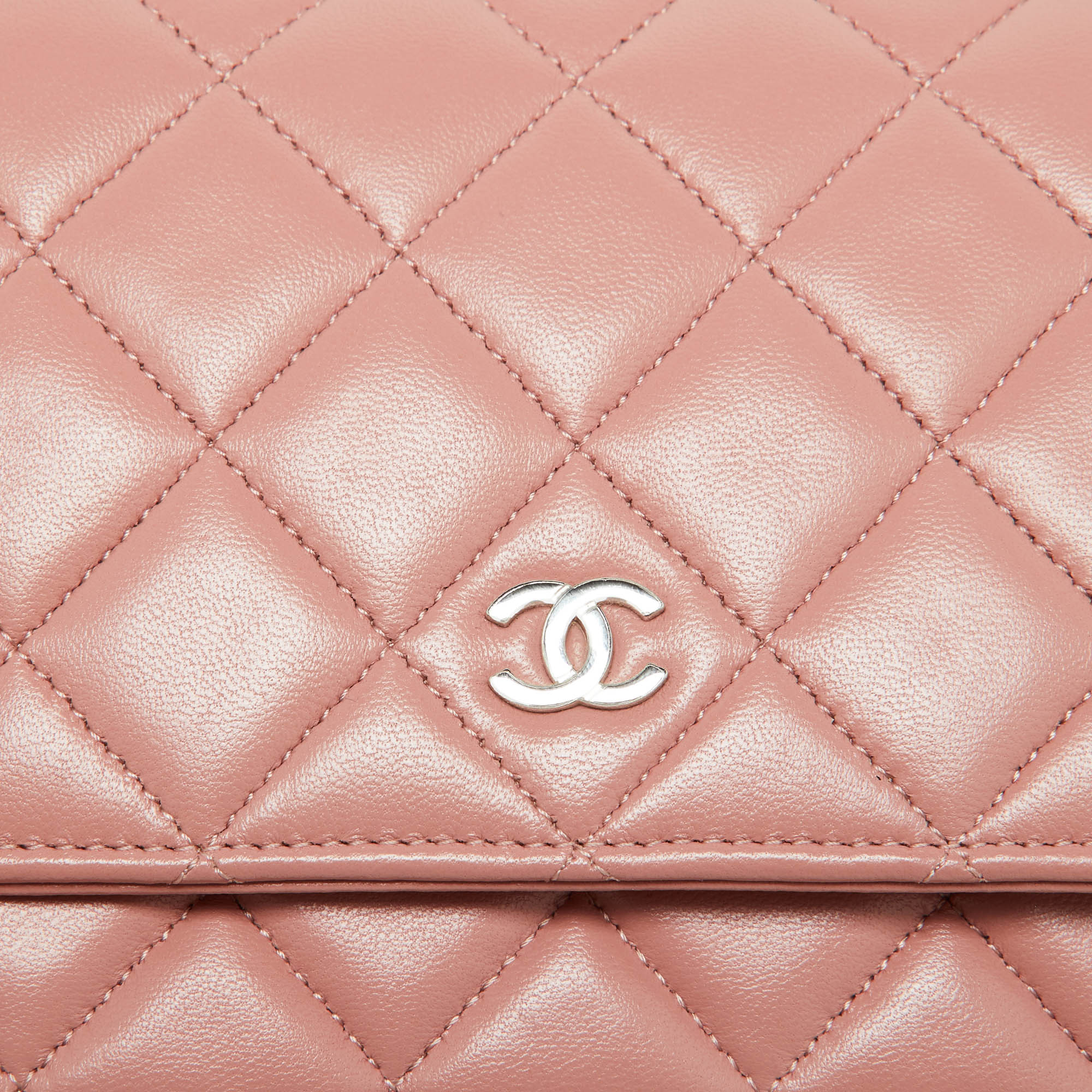 Chanel Peach Pink Quilted Leather CC Flap Wallet On Chain