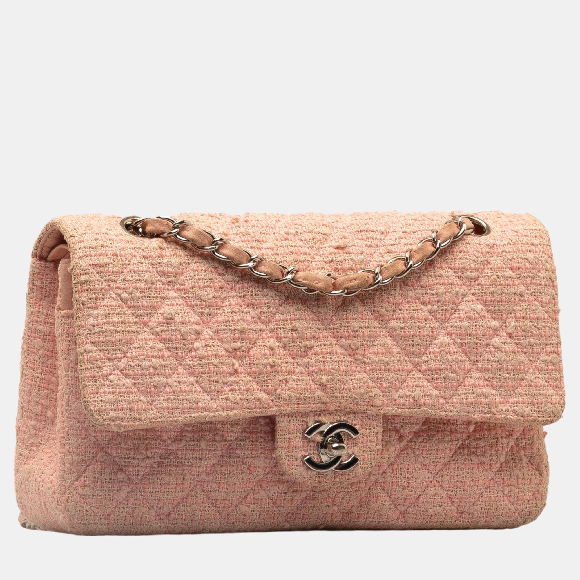 Chanel Pink Fabric Medium Classic Tweed Double Flap Bag