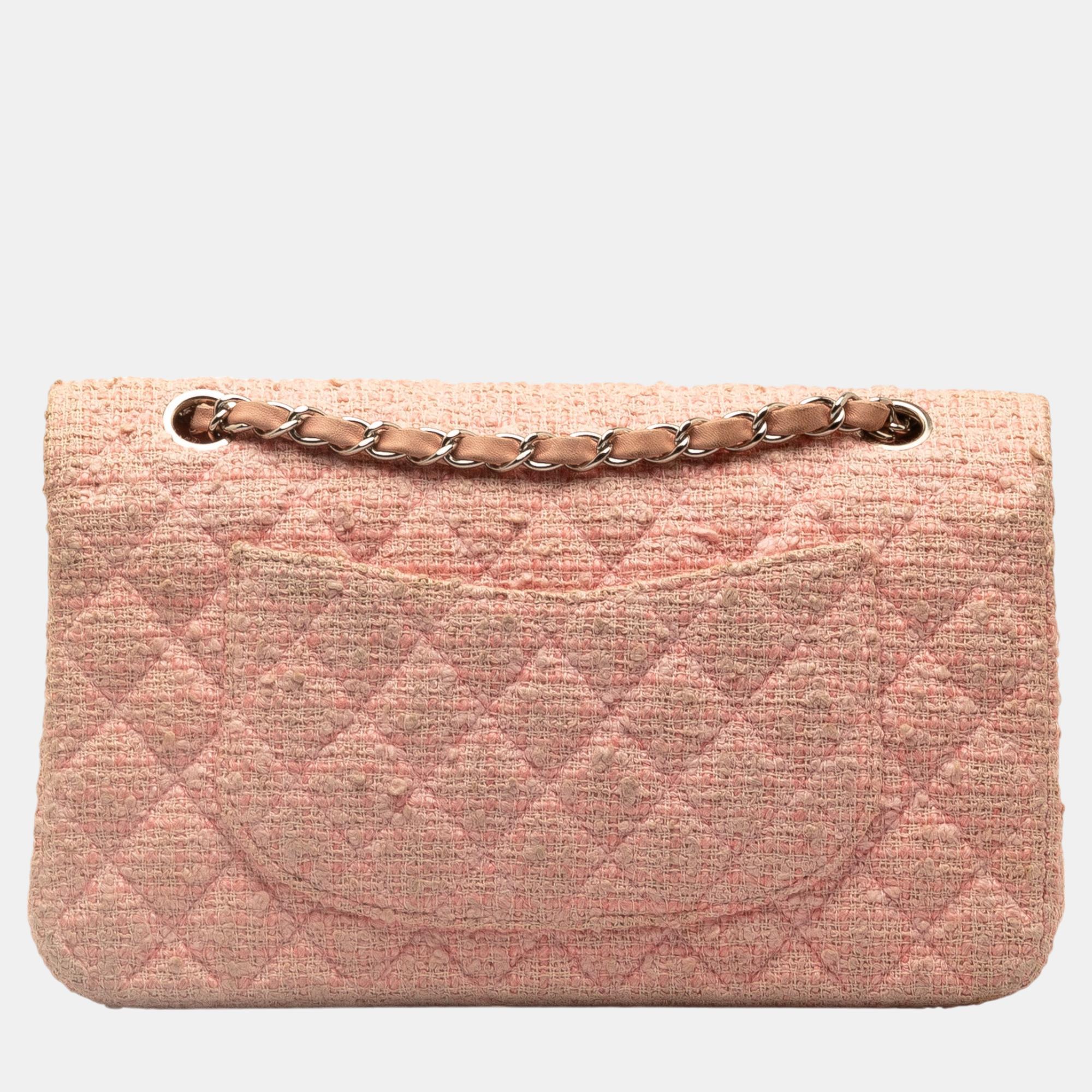 Chanel Pink Fabric Medium Classic Tweed Double Flap Bag