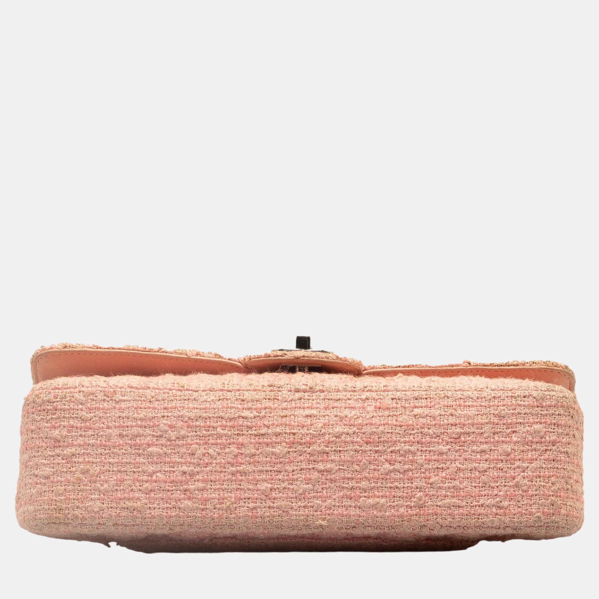 Chanel Pink Fabric Medium Classic Tweed Double Flap Bag