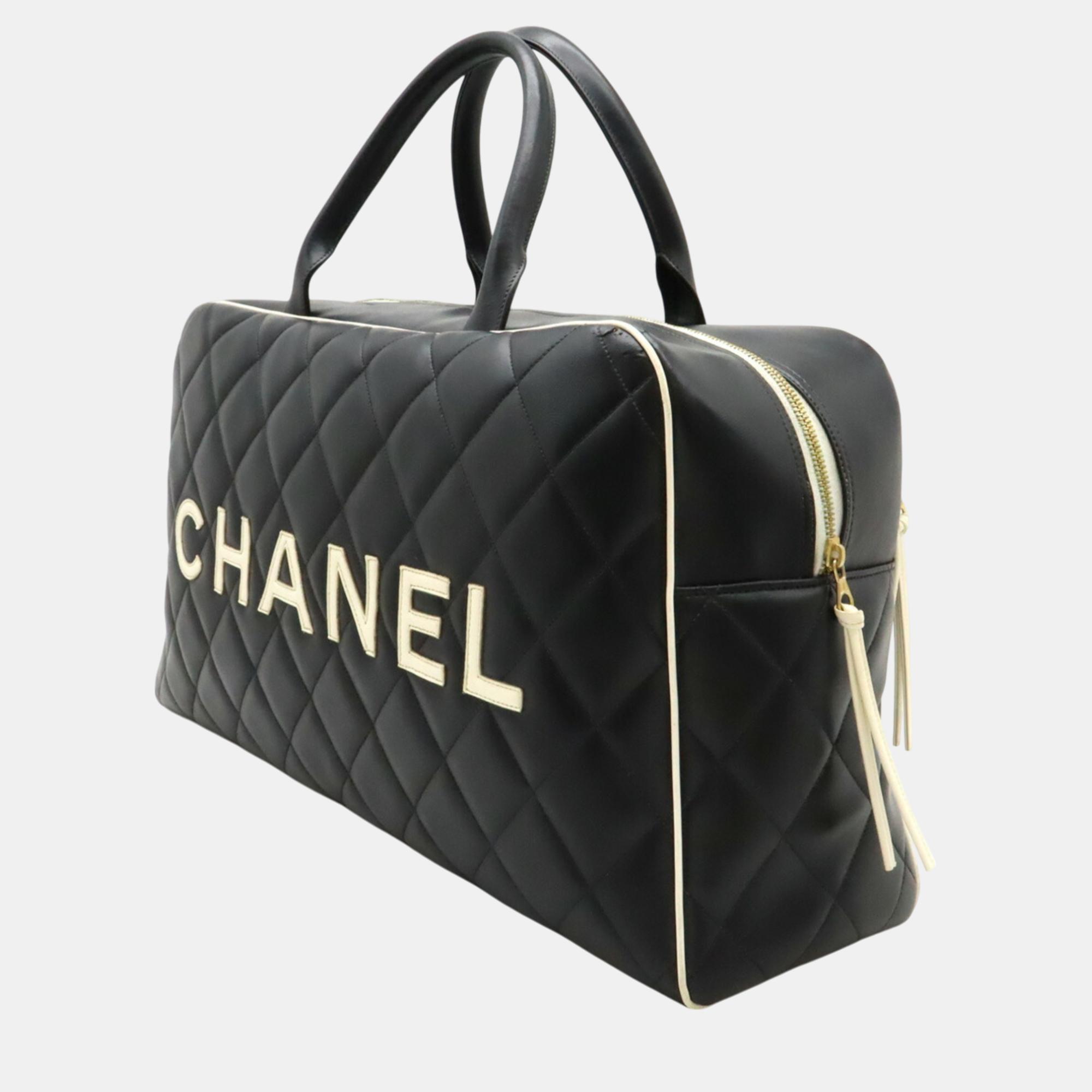 Chanel Black White Leather Matelasse Bowling Boston Bag