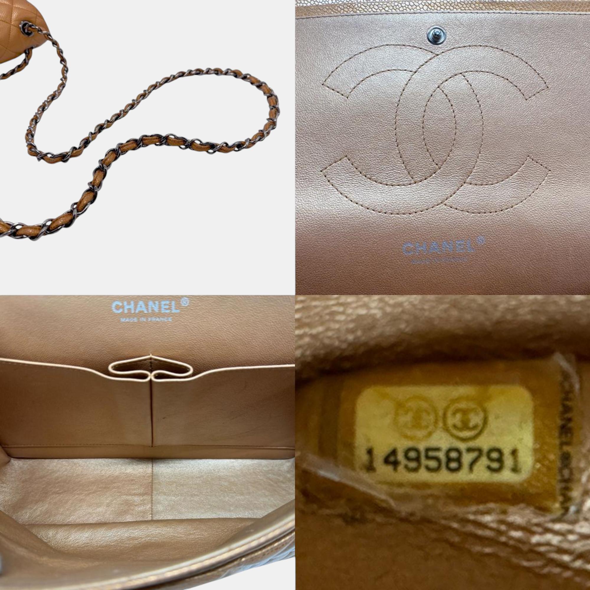 Chanel Light Bronze Caviar Skin Leather Matelasse Double Flap Shoulder Bag