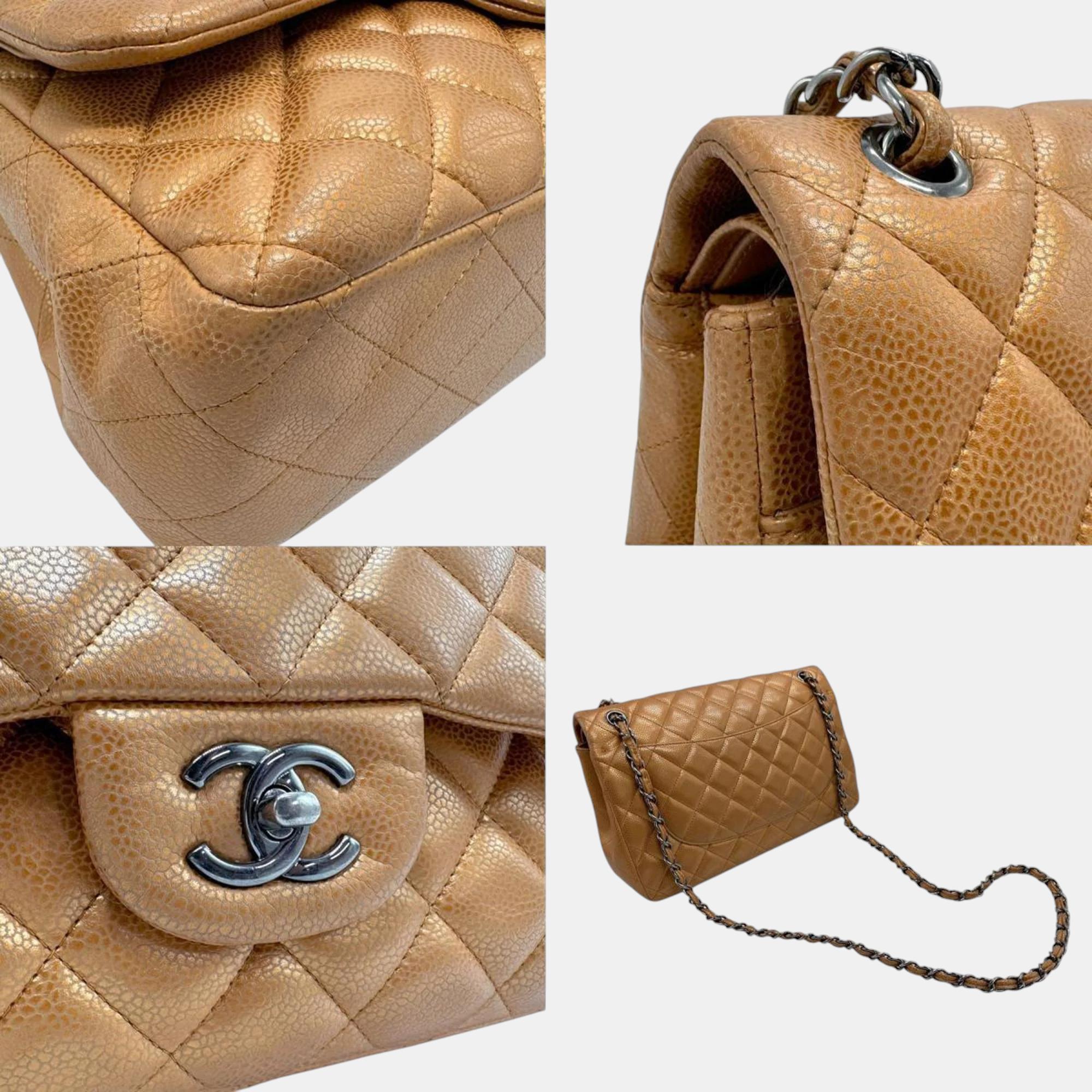 Chanel Light Bronze Caviar Skin Leather Matelasse Double Flap Shoulder Bag