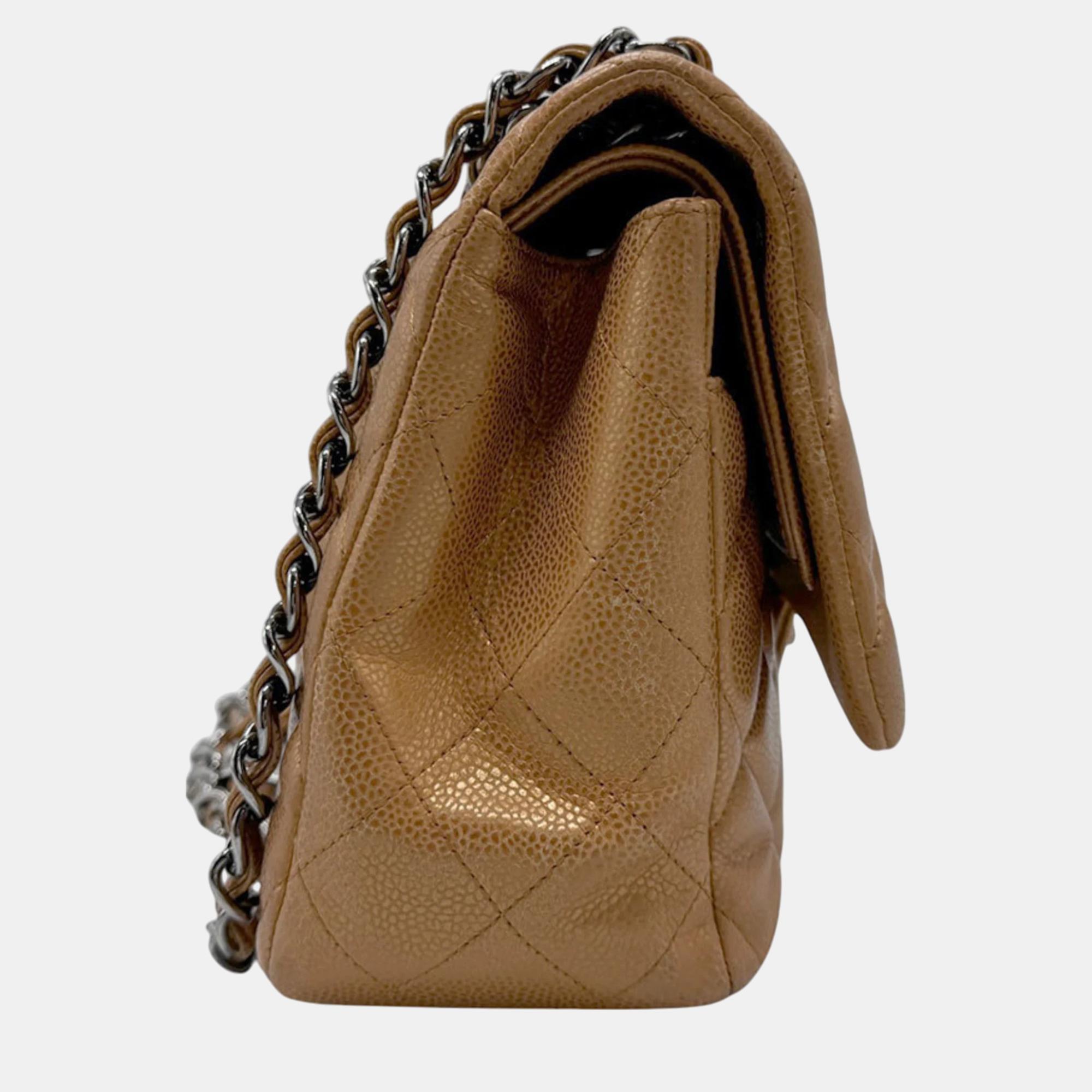 Chanel Light Bronze Caviar Skin Leather Matelasse Double Flap Shoulder Bag