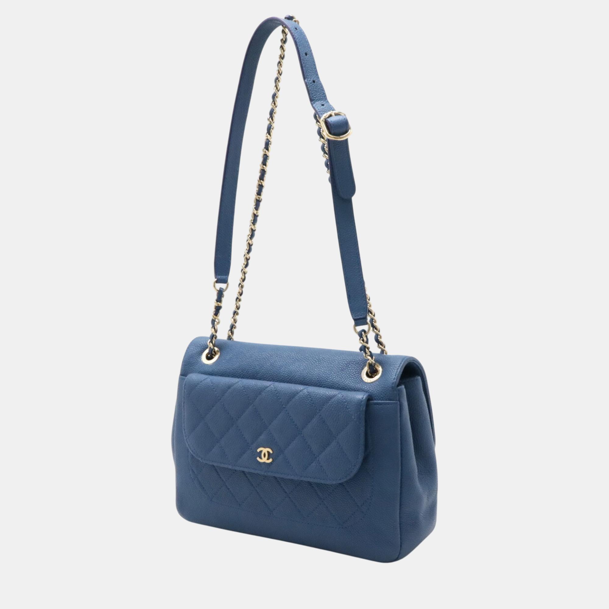 Chanel Blue Caviar Skin Matelasse Coco Mark Chain Shoulder Bag