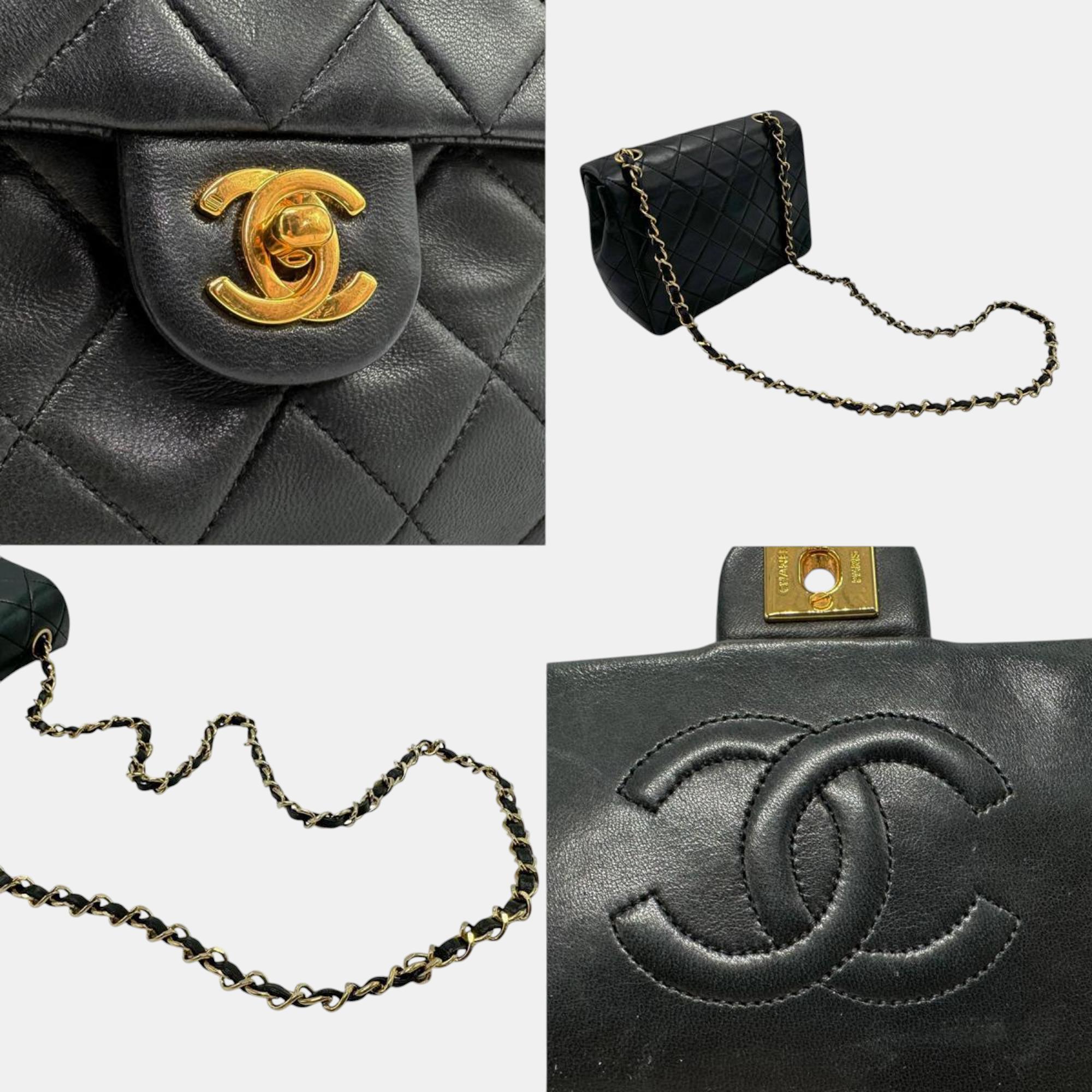 Chanel Black Gold Leather Matelasse Shoulder Bag