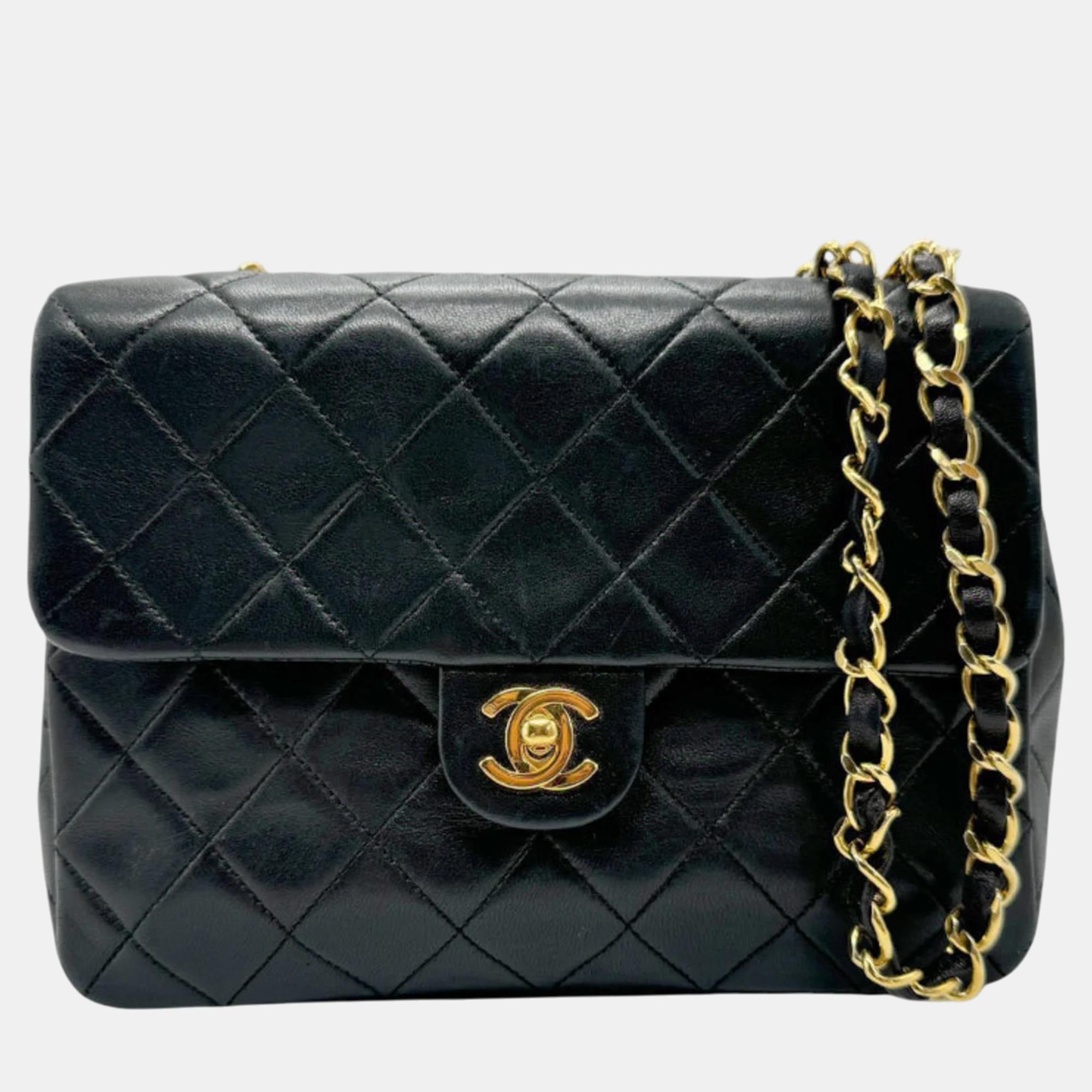 Chanel Black Gold Leather Matelasse Shoulder Bag