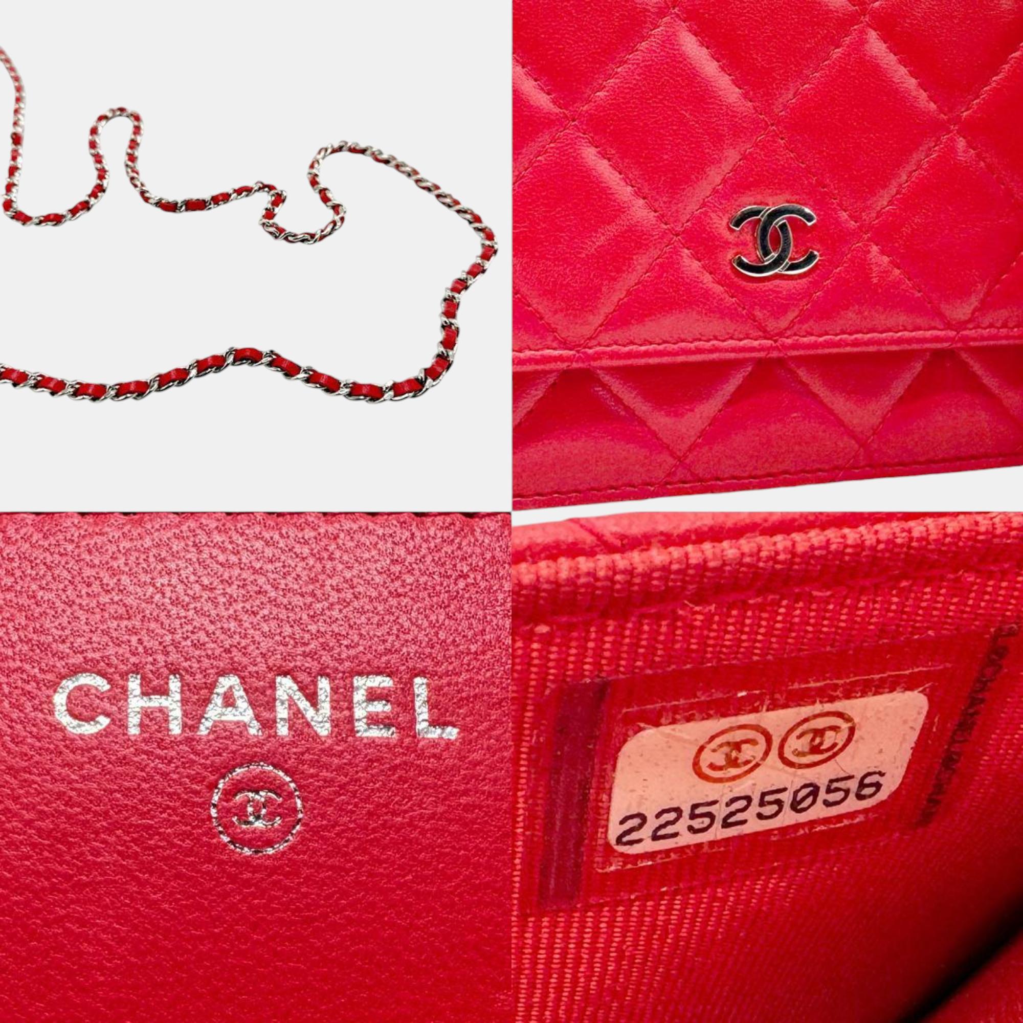 Chanel Red Silver Lambskin Chain Wallet