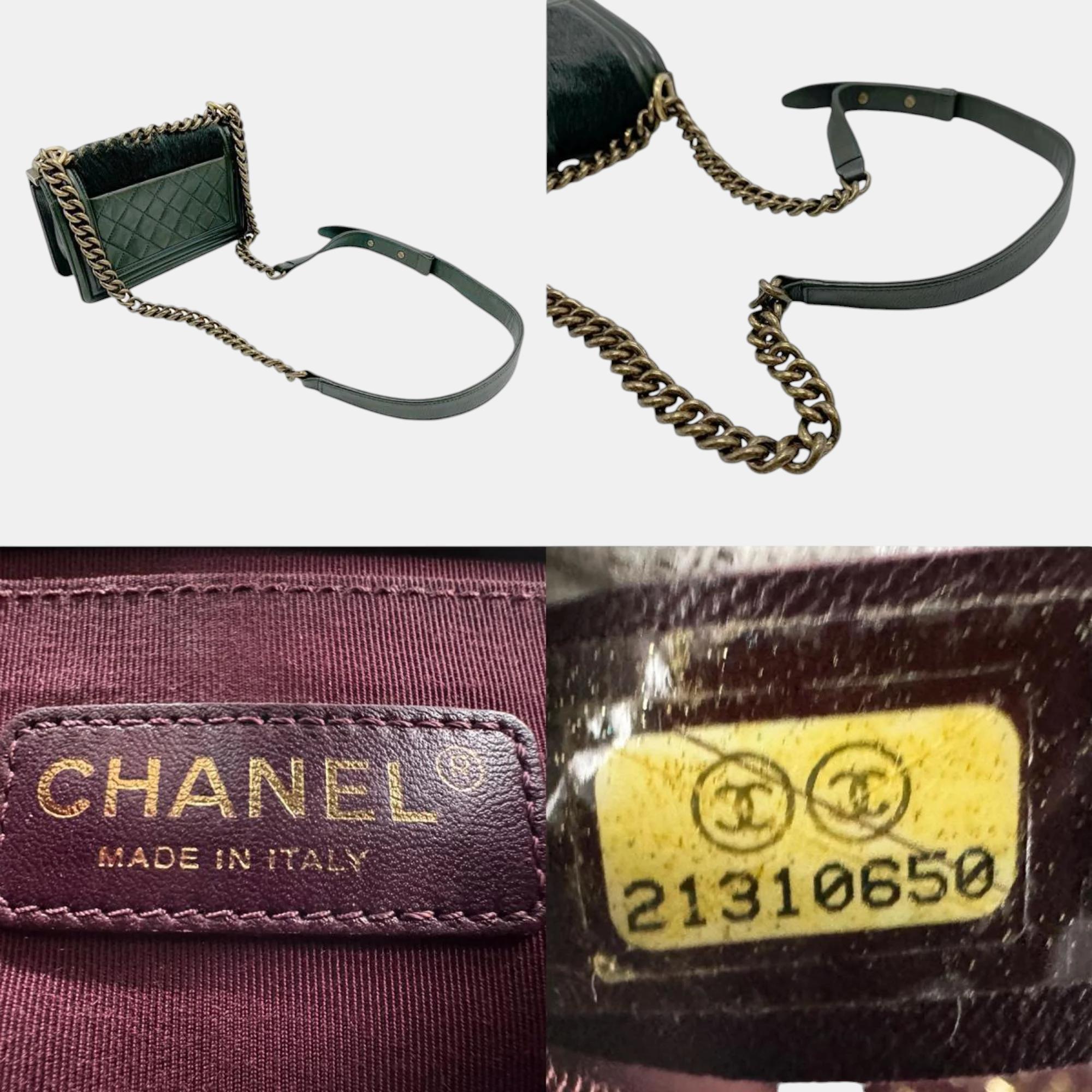 Chanel Dark Green Gold Leather Goat Wool Boy Chanel Shoulder Bag