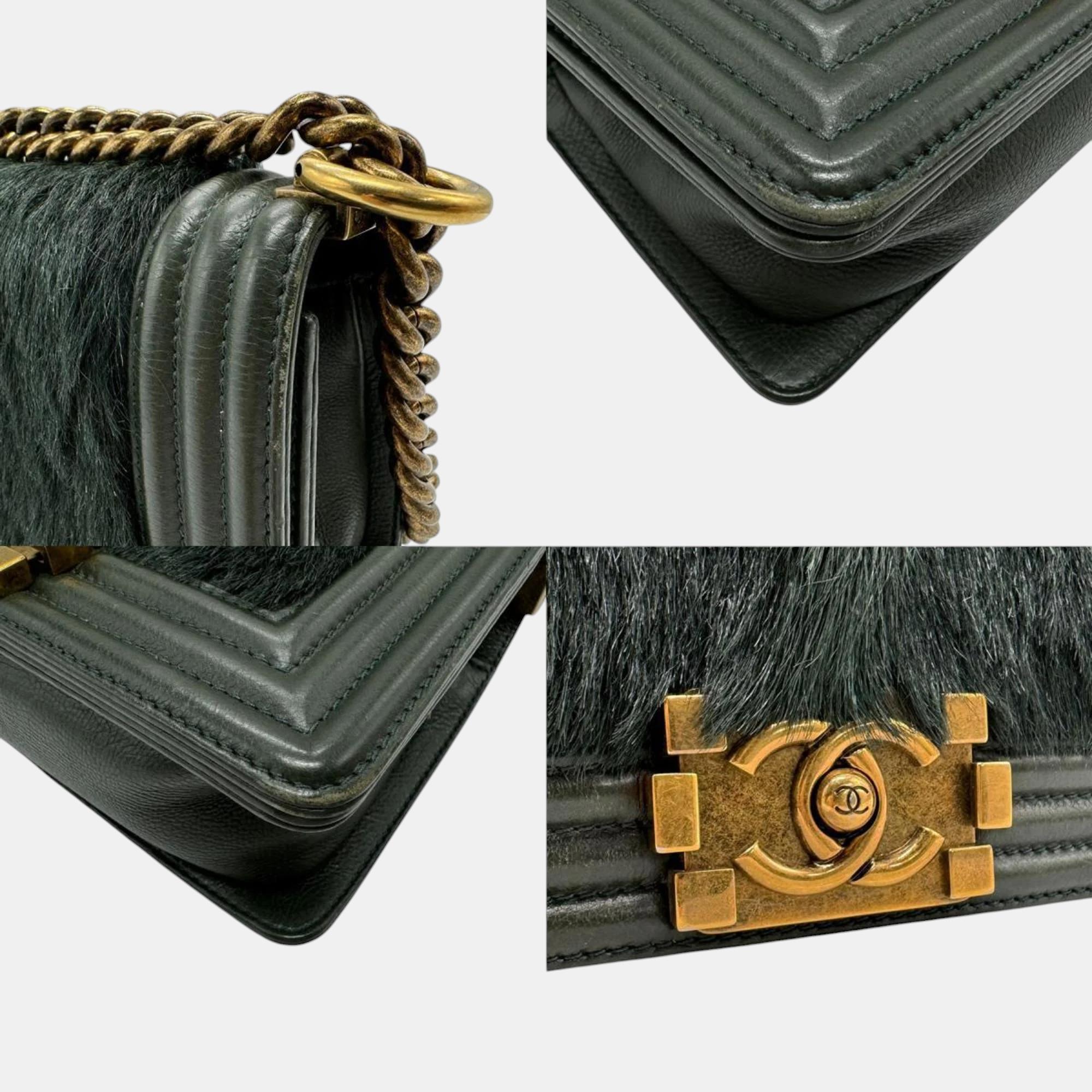 Chanel Dark Green Gold Leather Goat Wool Boy Chanel Shoulder Bag