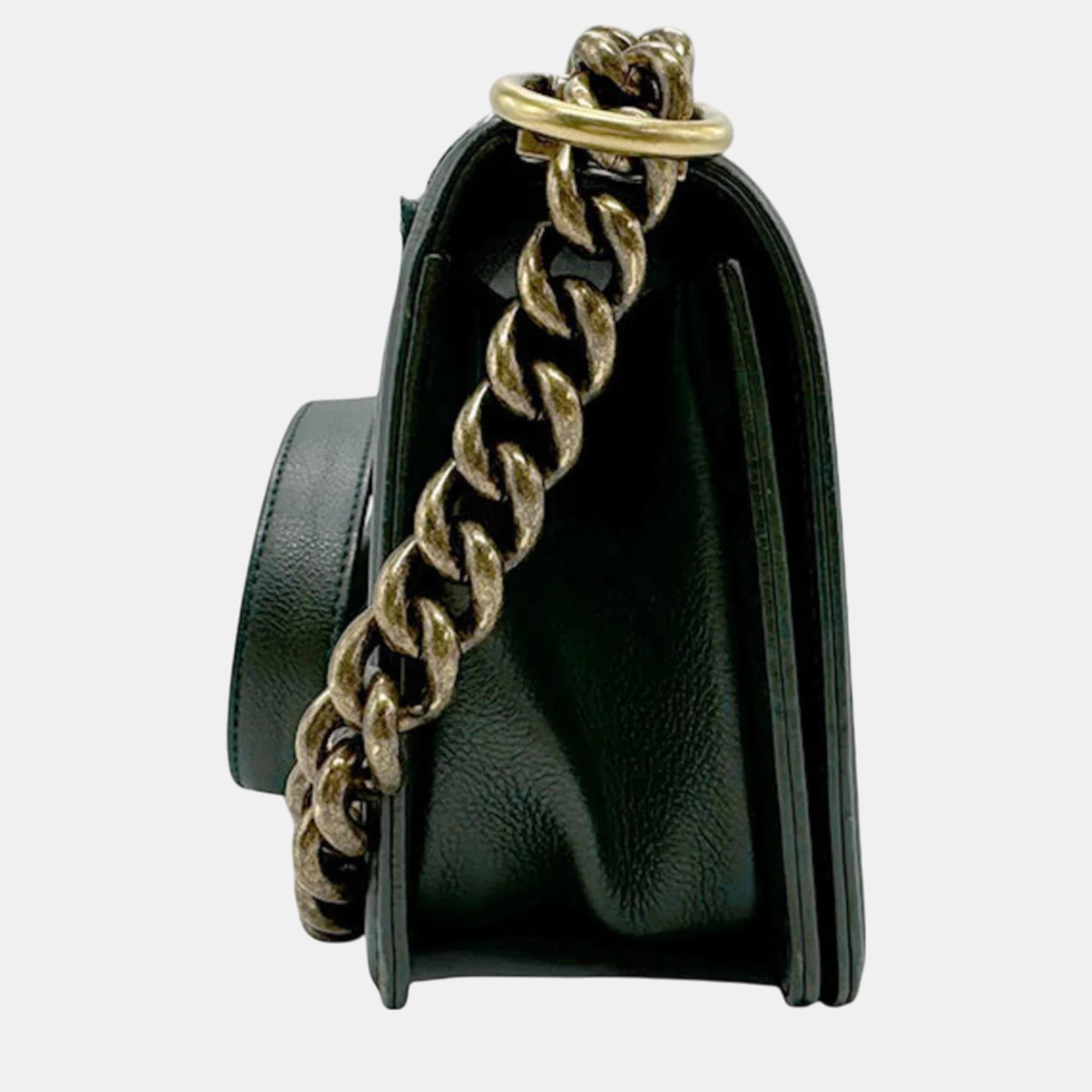 Chanel Dark Green Gold Leather Goat Wool Boy Chanel Shoulder Bag