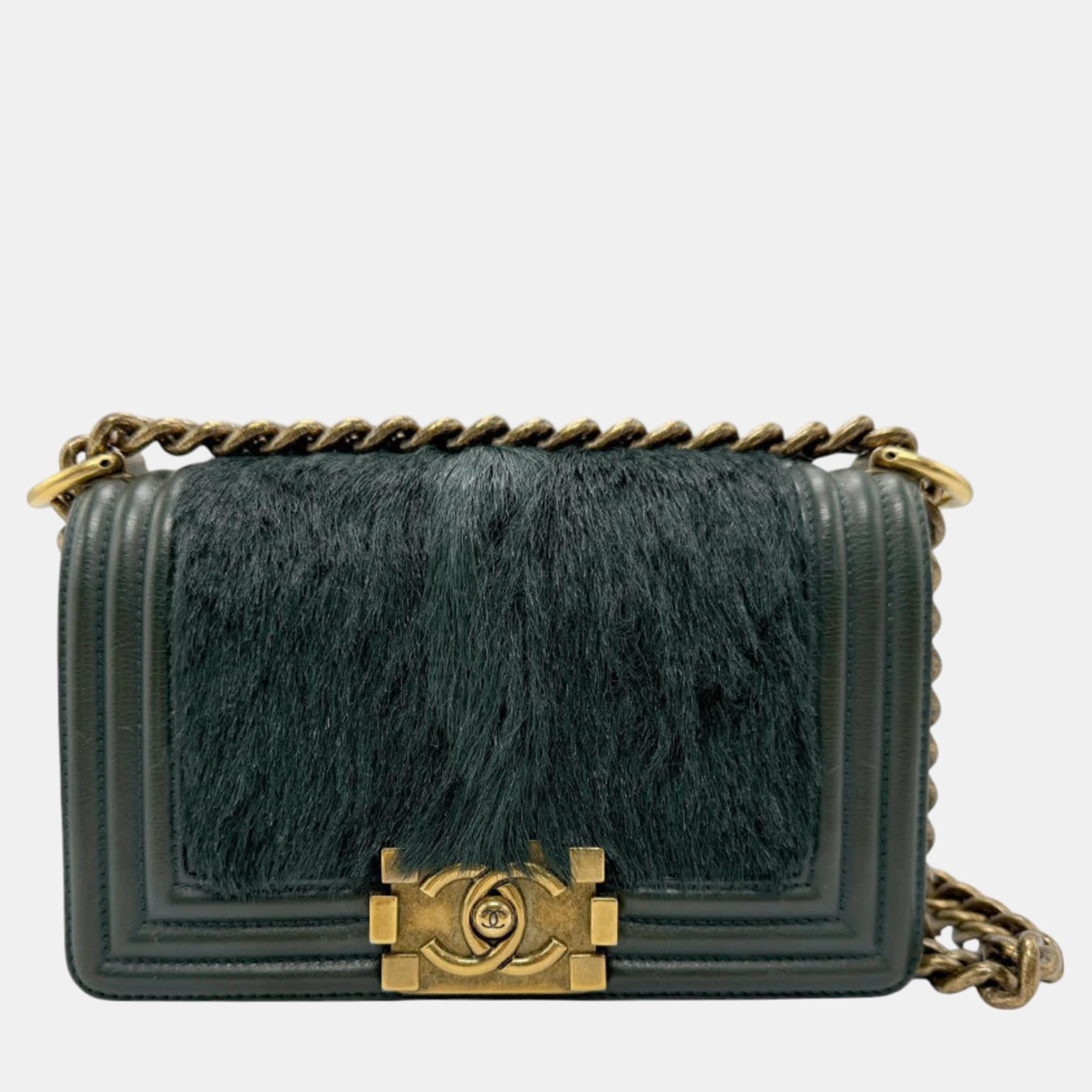 Chanel Dark Green Gold Leather Goat Wool Boy Chanel Shoulder Bag