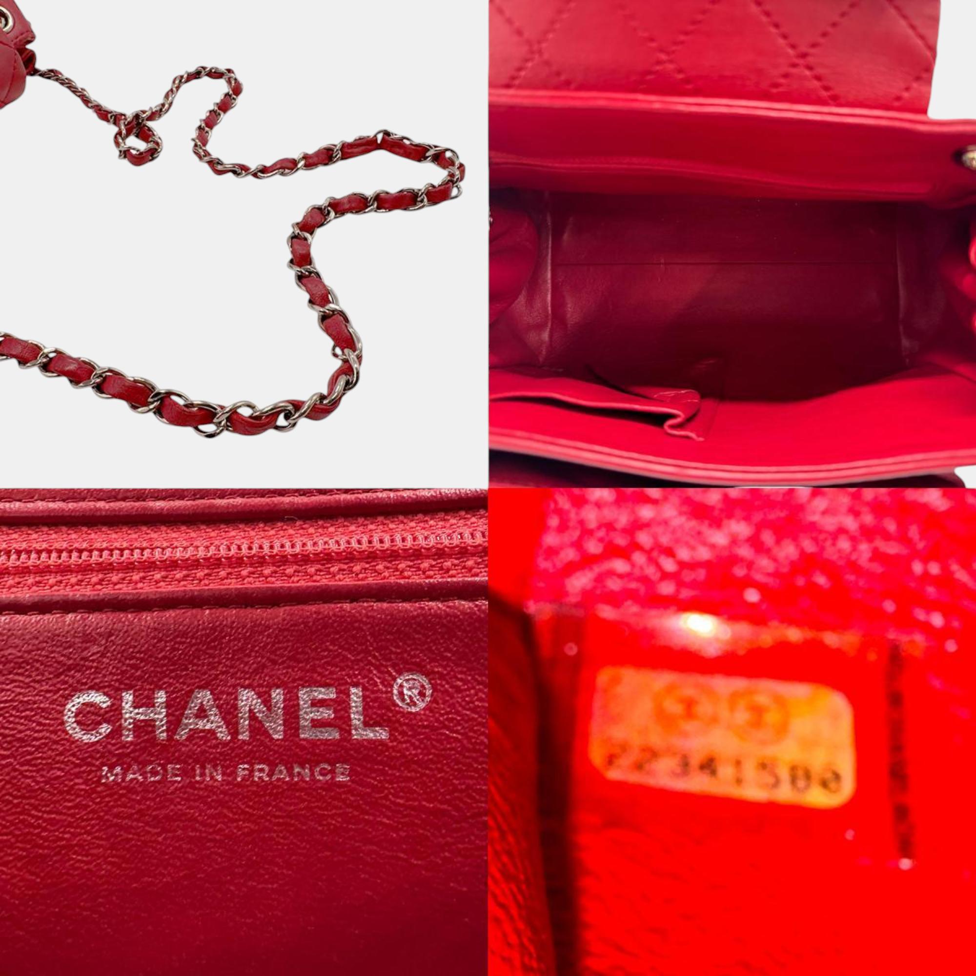 Chanel Red Silver Lambskin Shoulder Bag