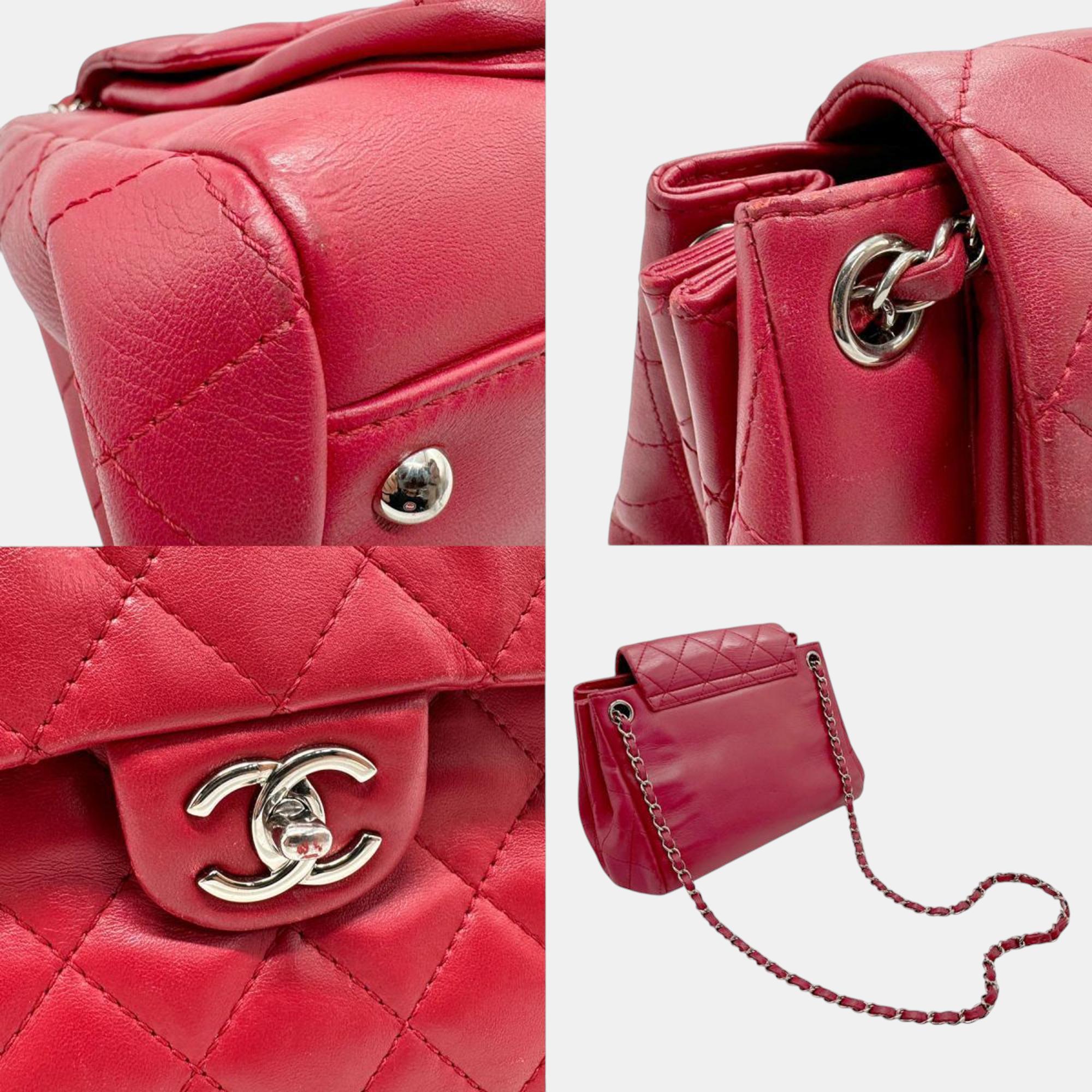 Chanel Red Silver Lambskin Shoulder Bag