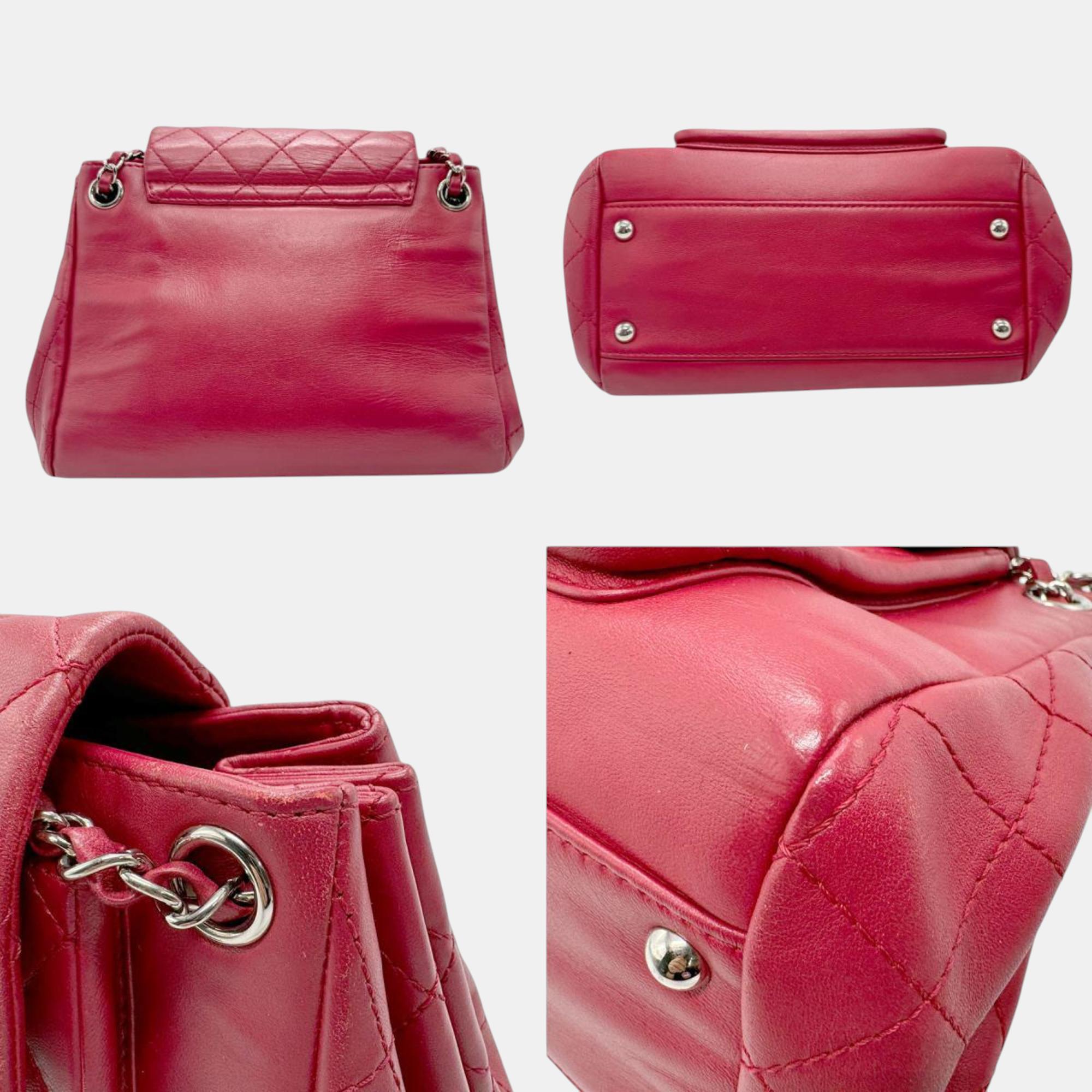 Chanel Red Silver Lambskin Shoulder Bag