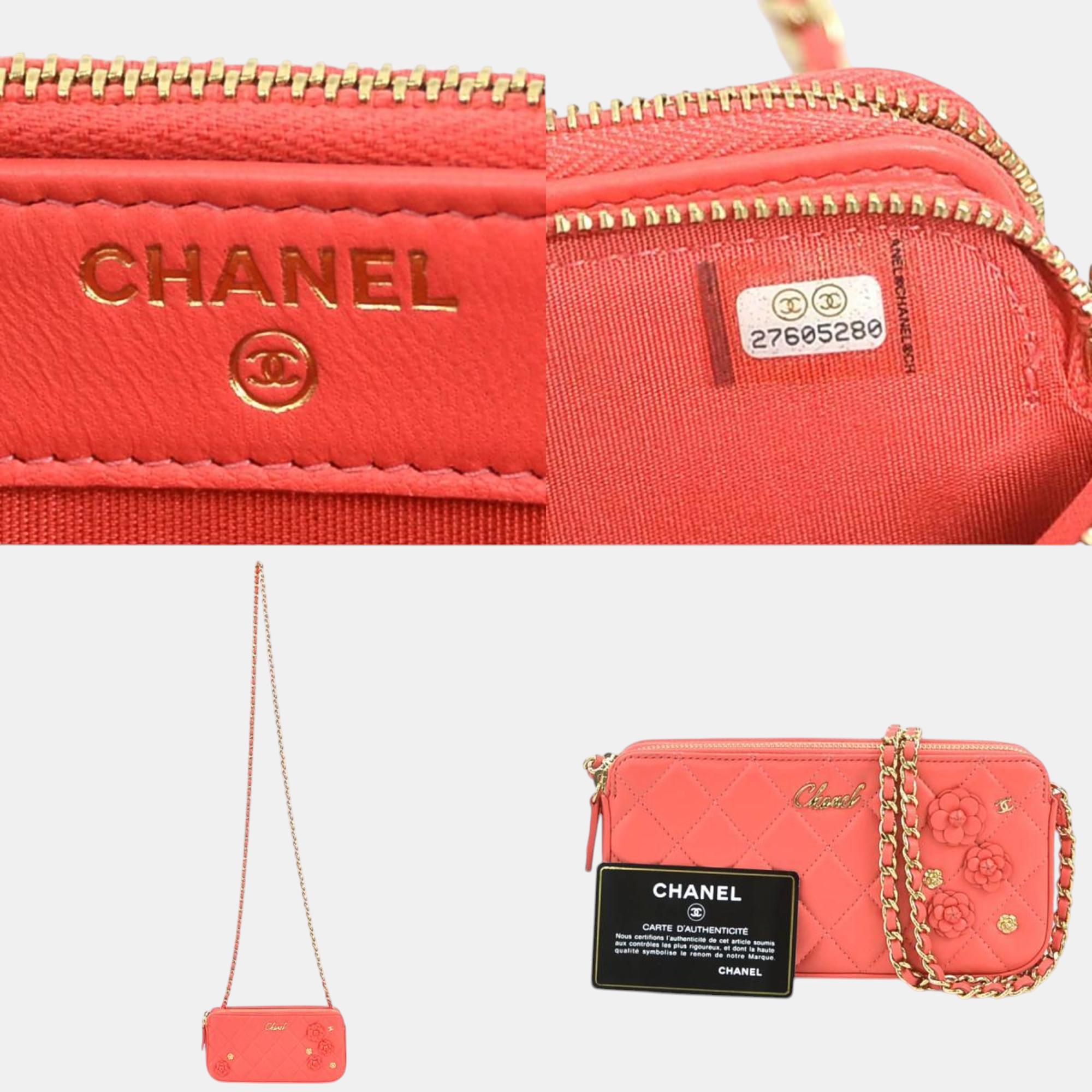 Chanel Pink Gold Leather Matelasse Camellia Wallet Chain Shoulder Bag