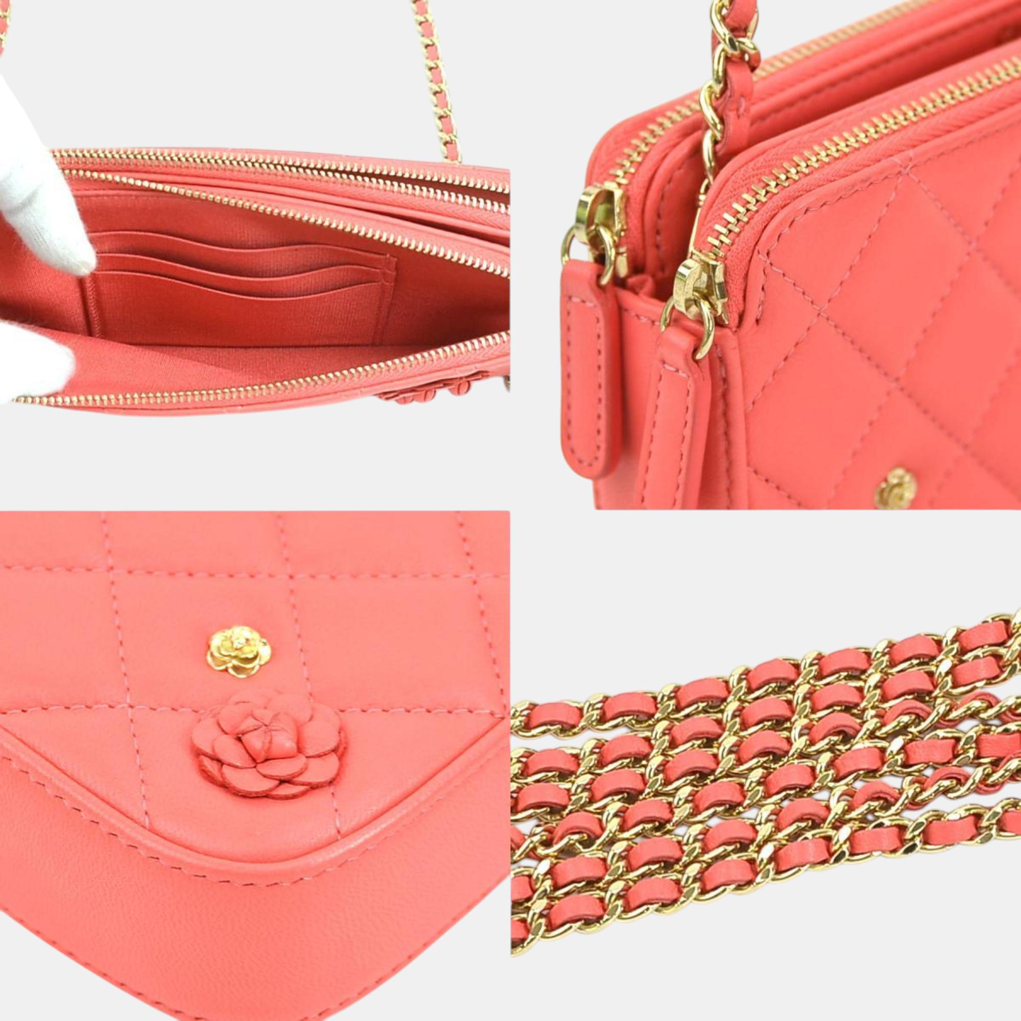 Chanel Pink Gold Leather Matelasse Camellia Wallet Chain Shoulder Bag