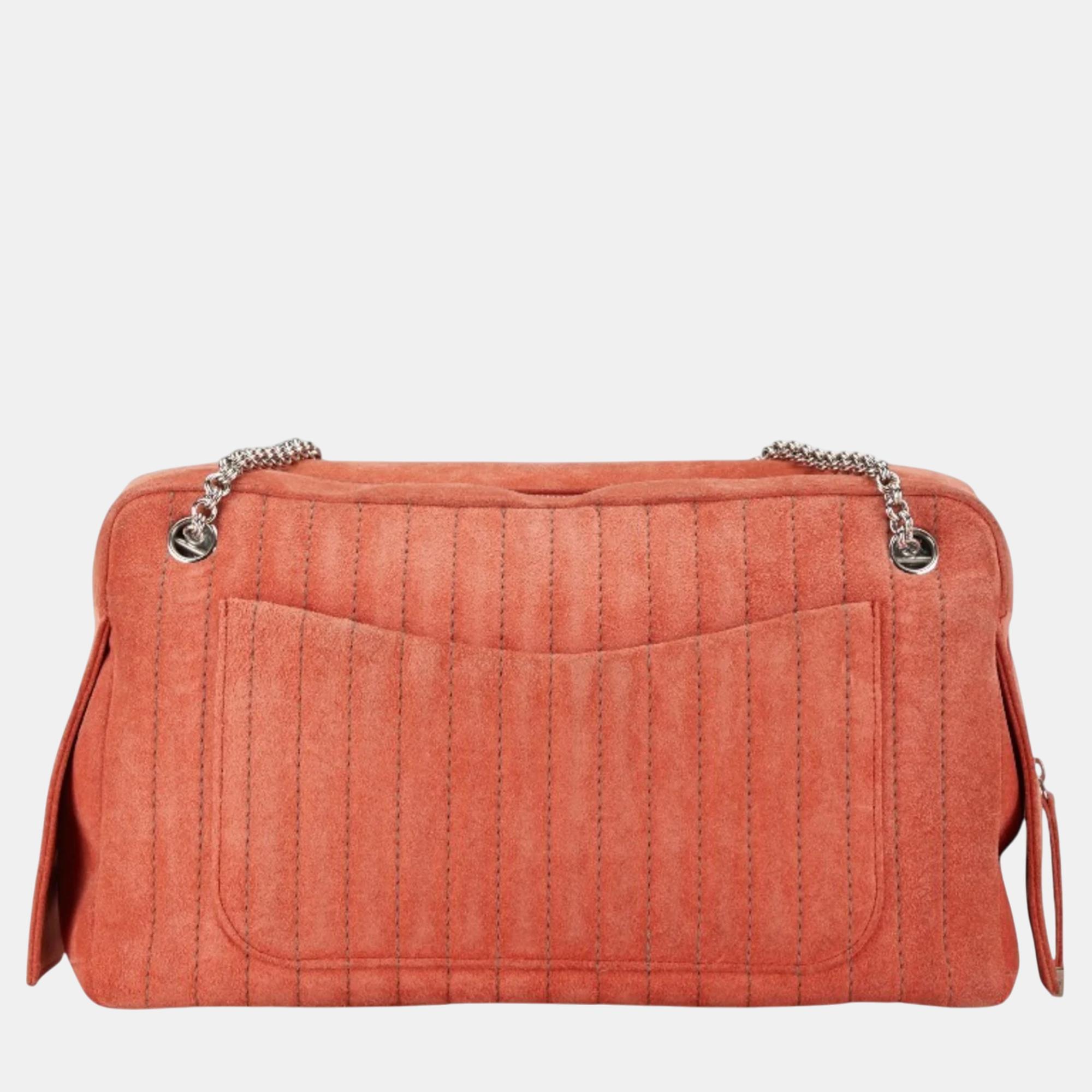 Chanel Orange Pink Suede Mademoiselle Coco Mark Chain Tote Bag