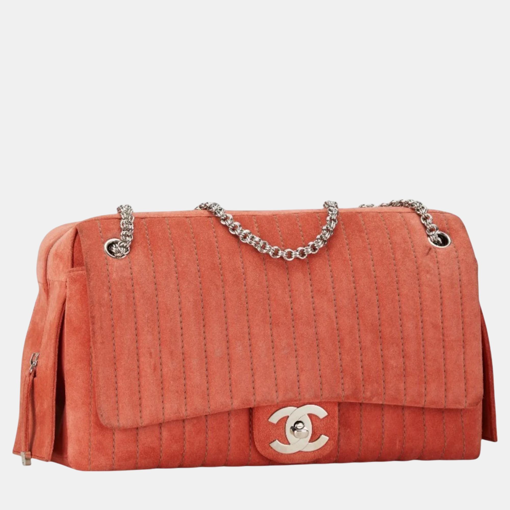 Chanel Orange Pink Suede Mademoiselle Coco Mark Chain Tote Bag