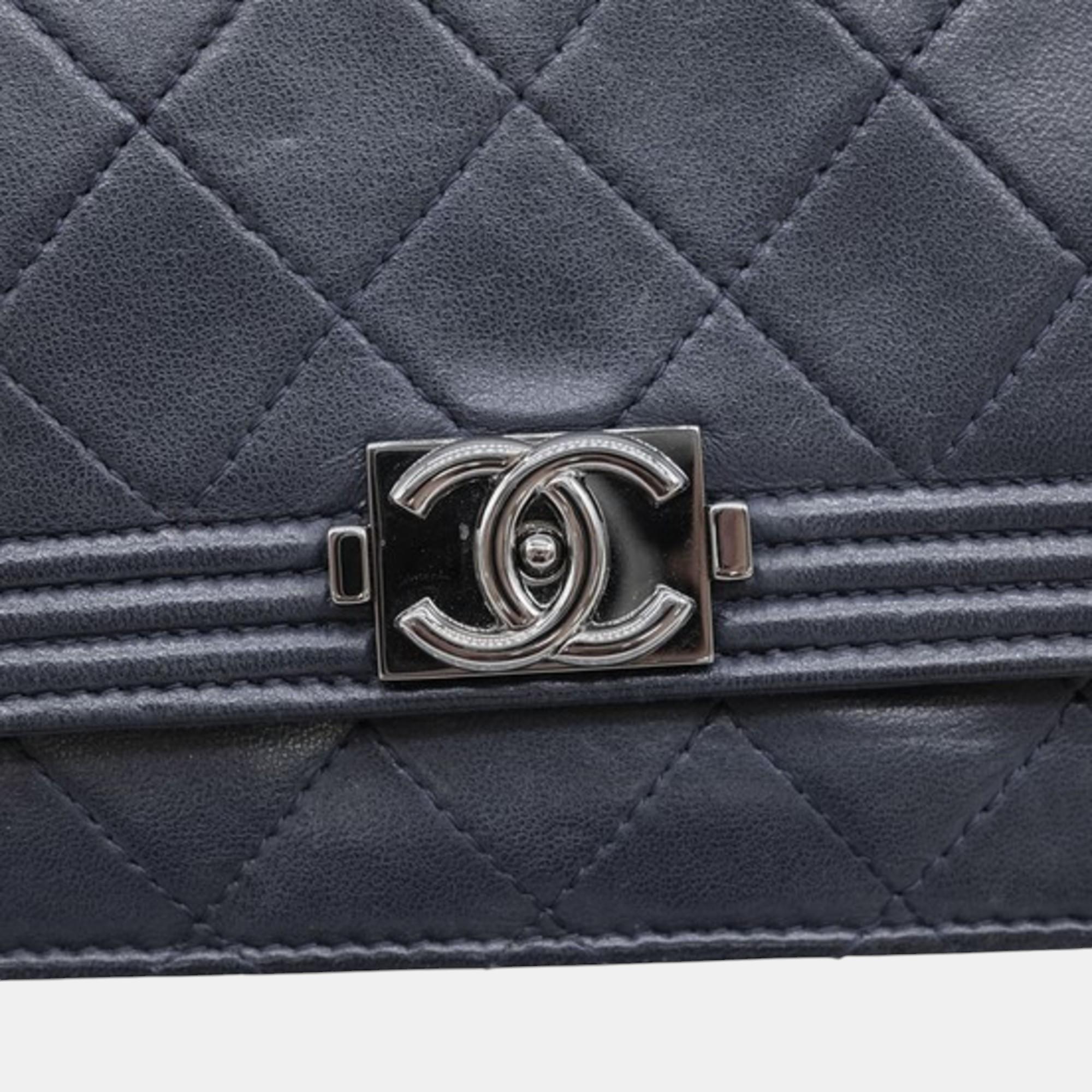 Chanel Navy Leather Boy Chanel Chain Long Wallet Bag