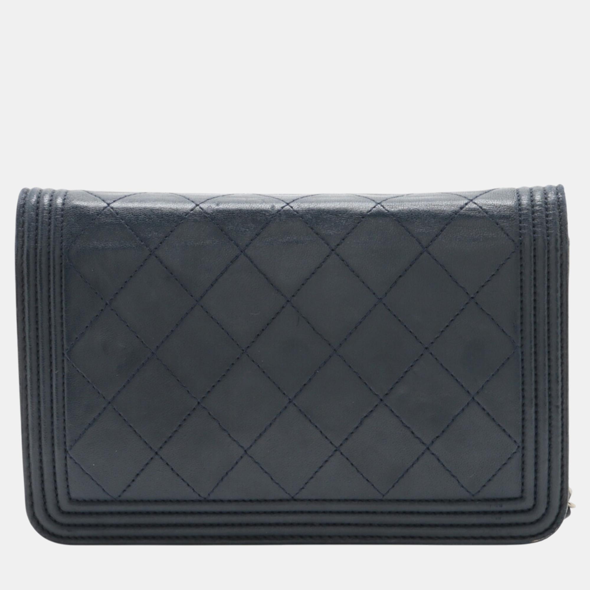 Chanel Navy Leather Boy Chanel Chain Long Wallet Bag