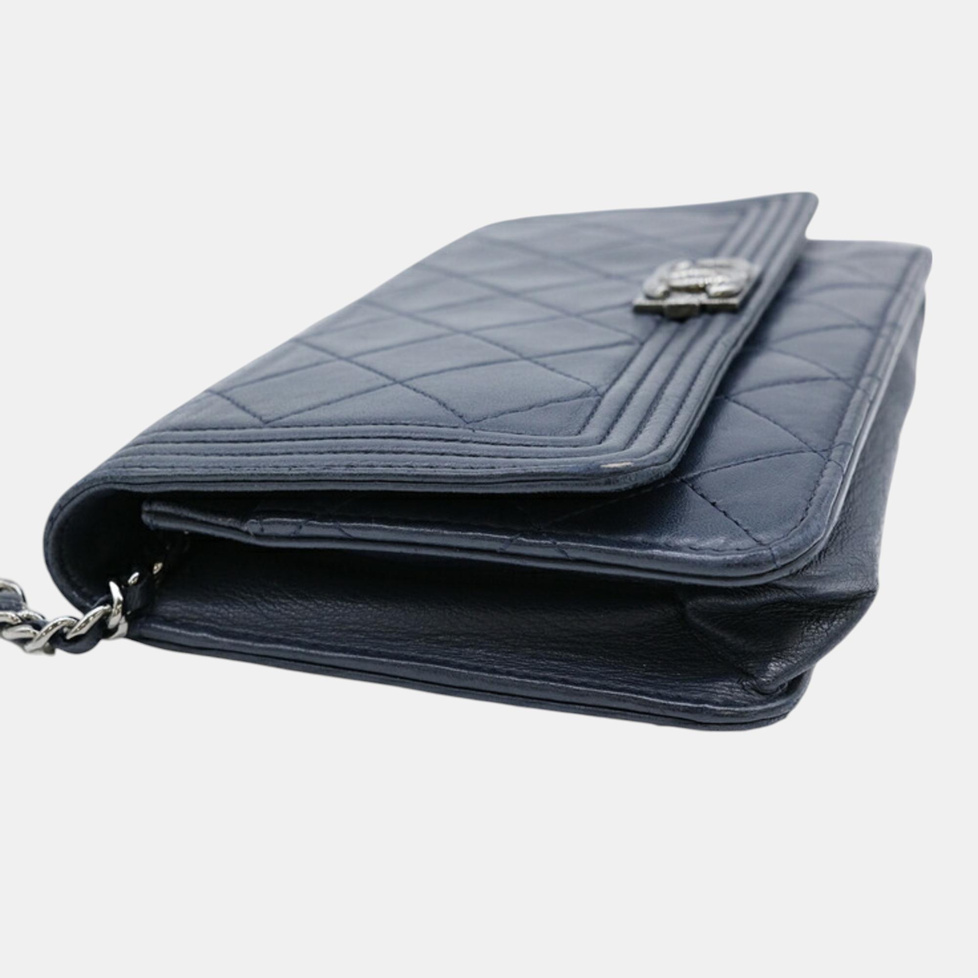 Chanel Navy Leather Boy Chanel Chain Long Wallet Bag