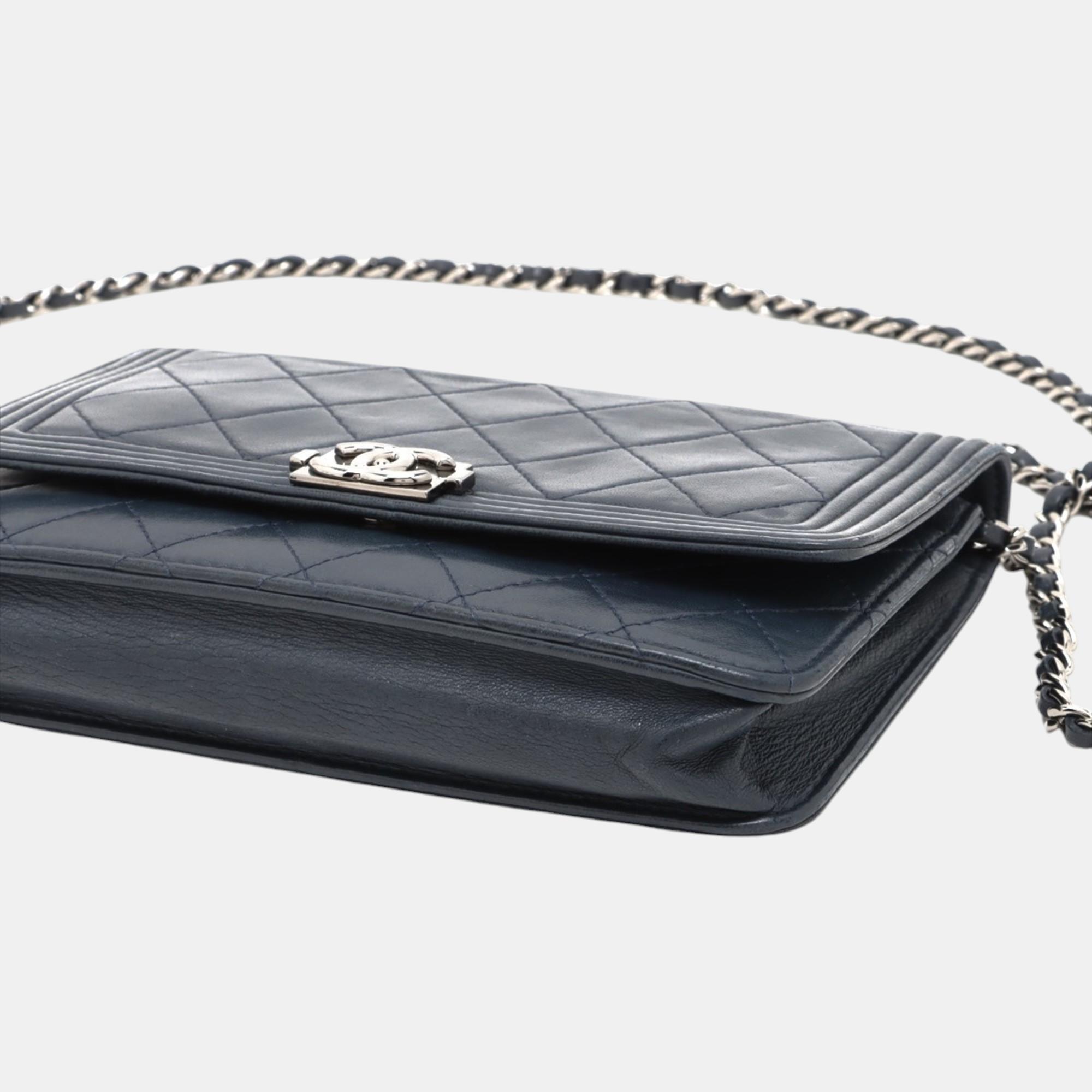 Chanel Navy Leather Boy Chanel Chain Long Wallet Bag