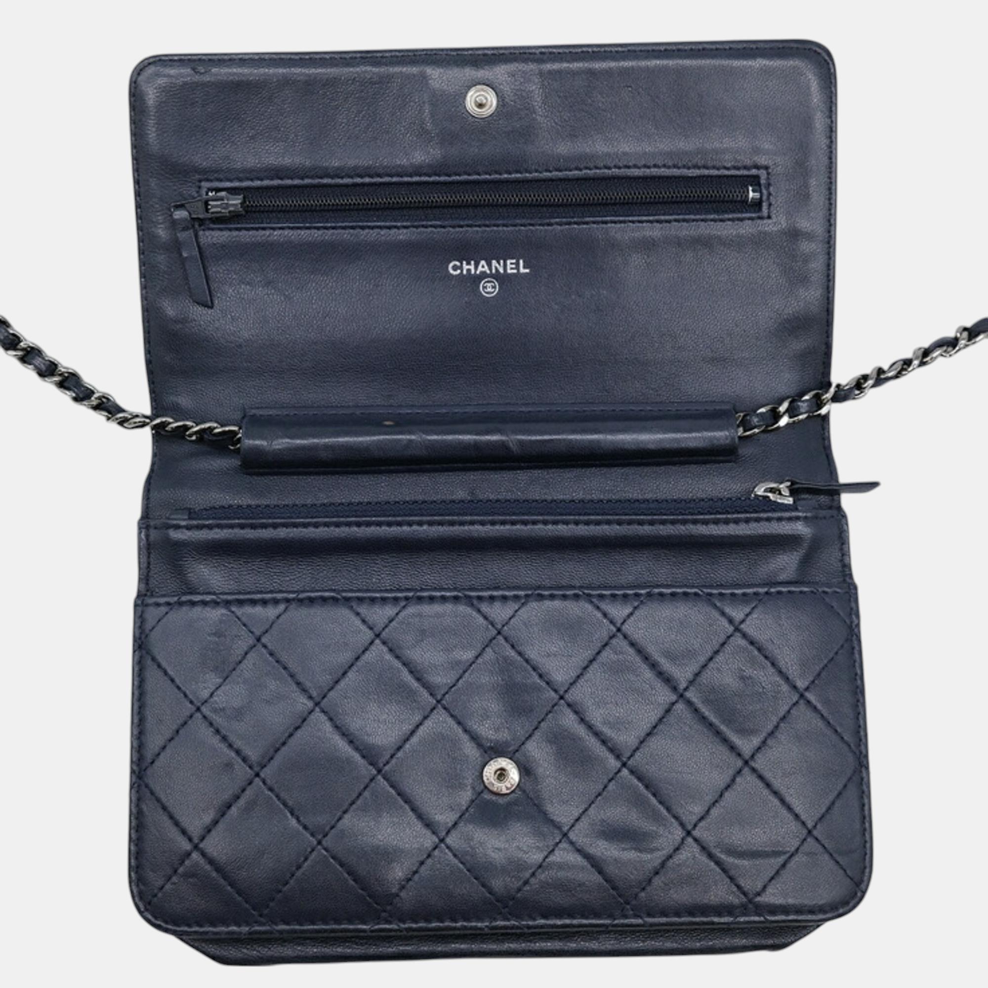 Chanel Navy Leather Boy Chanel Chain Long Wallet Bag