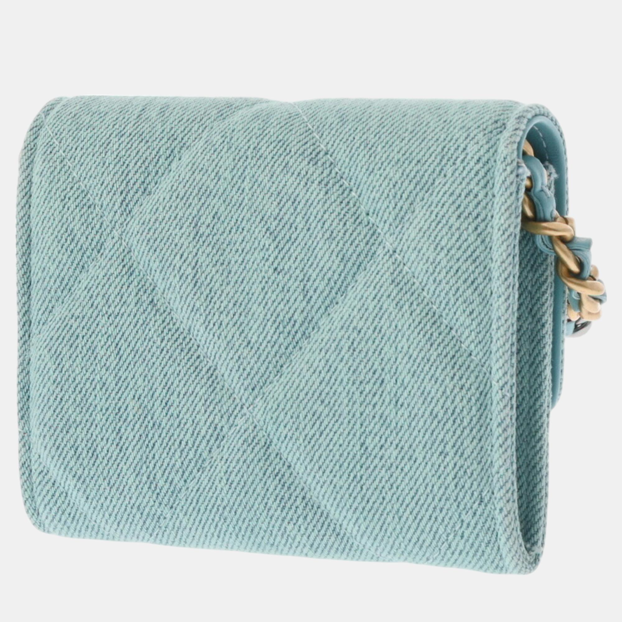 Chanel Light Blue Canvas Matelasse 19 Flap Coin Case