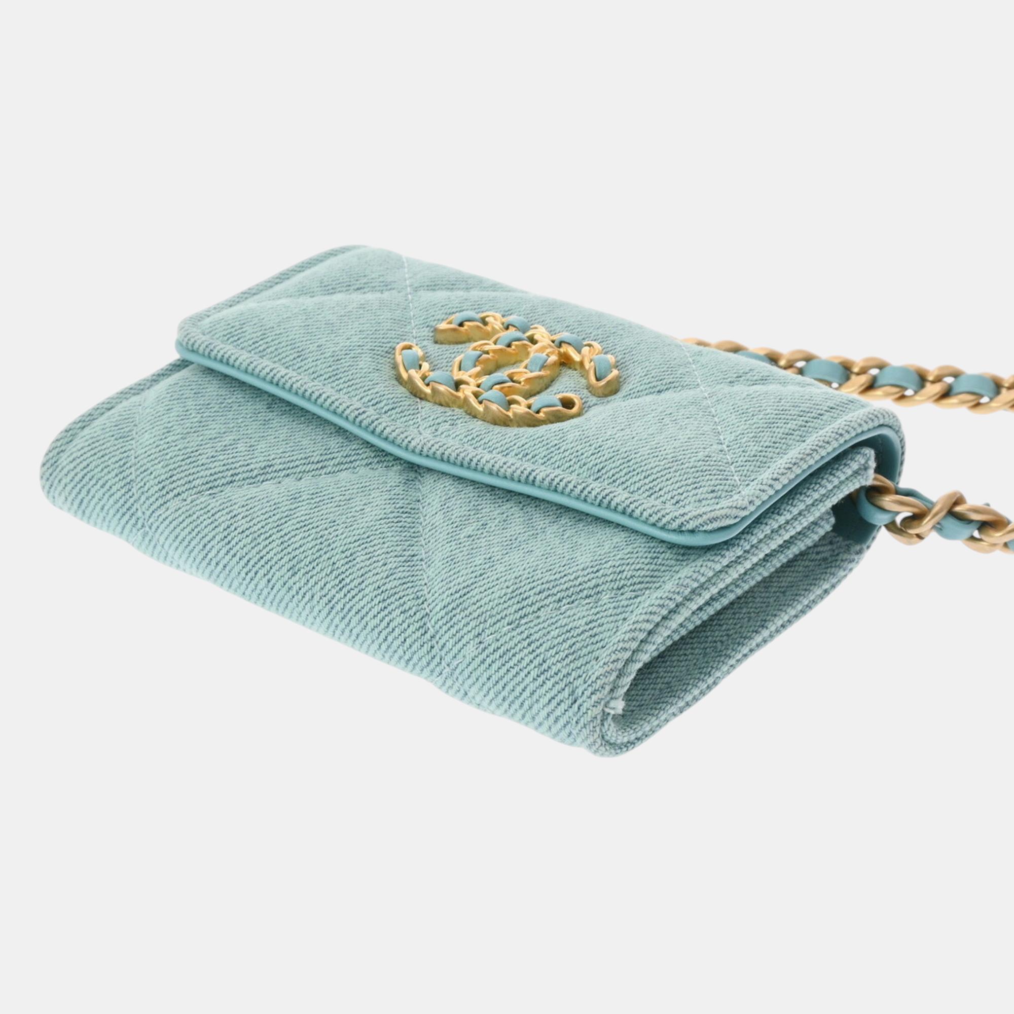 Chanel Light Blue Canvas Matelasse 19 Flap Coin Case