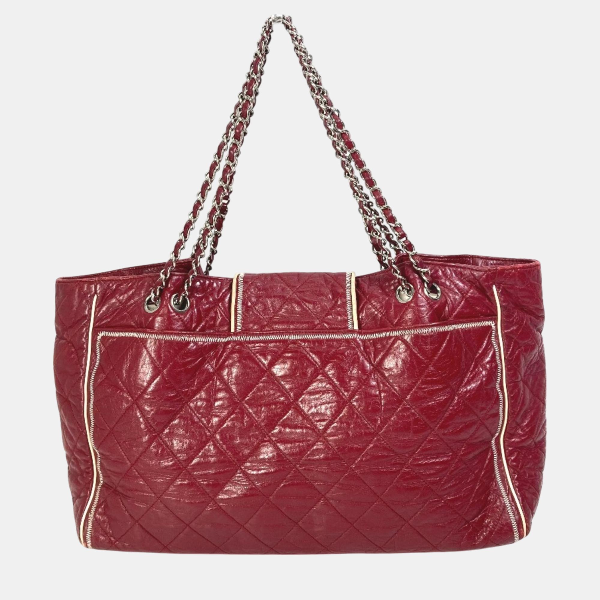 Chanel Red Leather Quilted 2.55 Matelasse W Chain Tote Bag