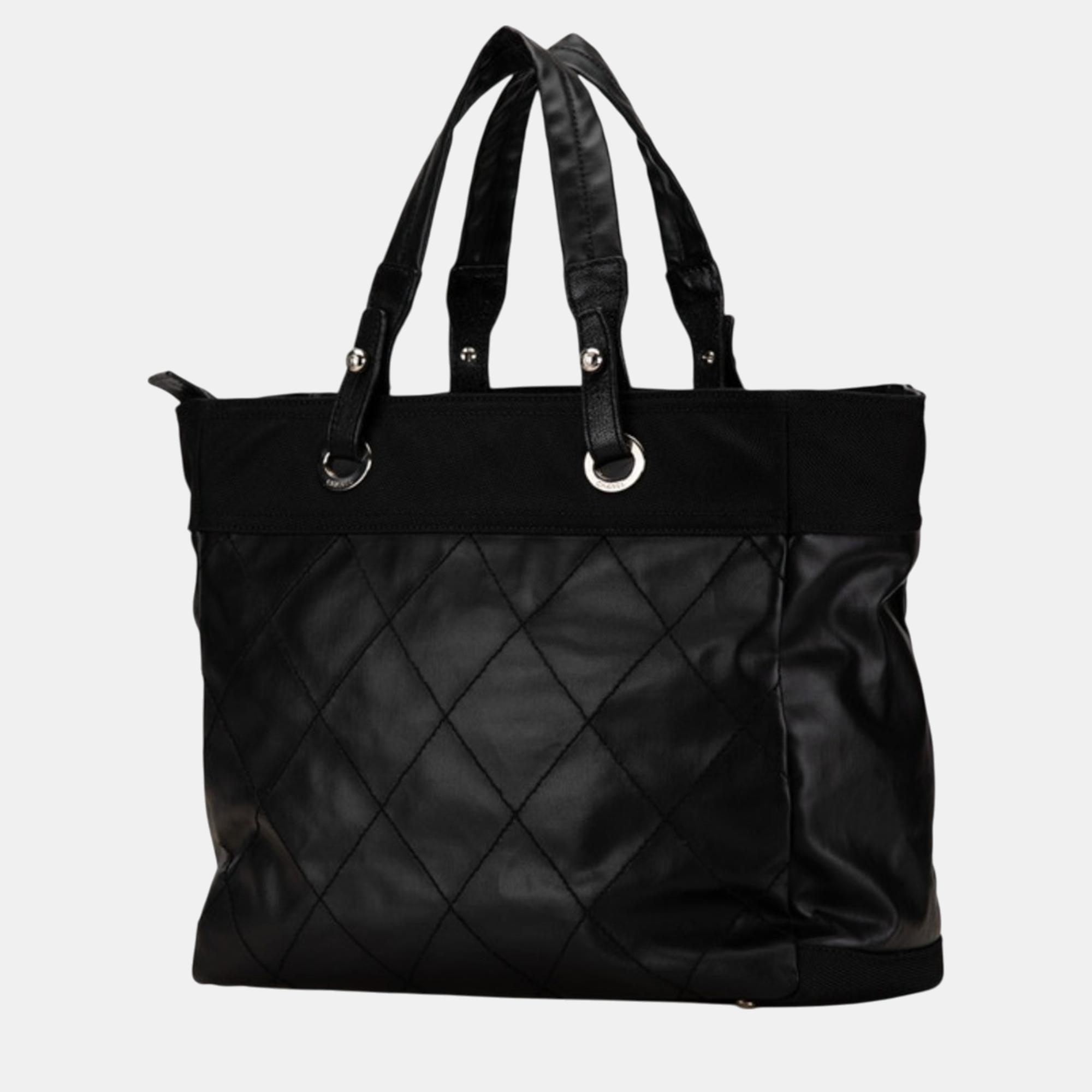 Chanel Black Leather Coco Mark Paris Biarritz MM  Tote Bag