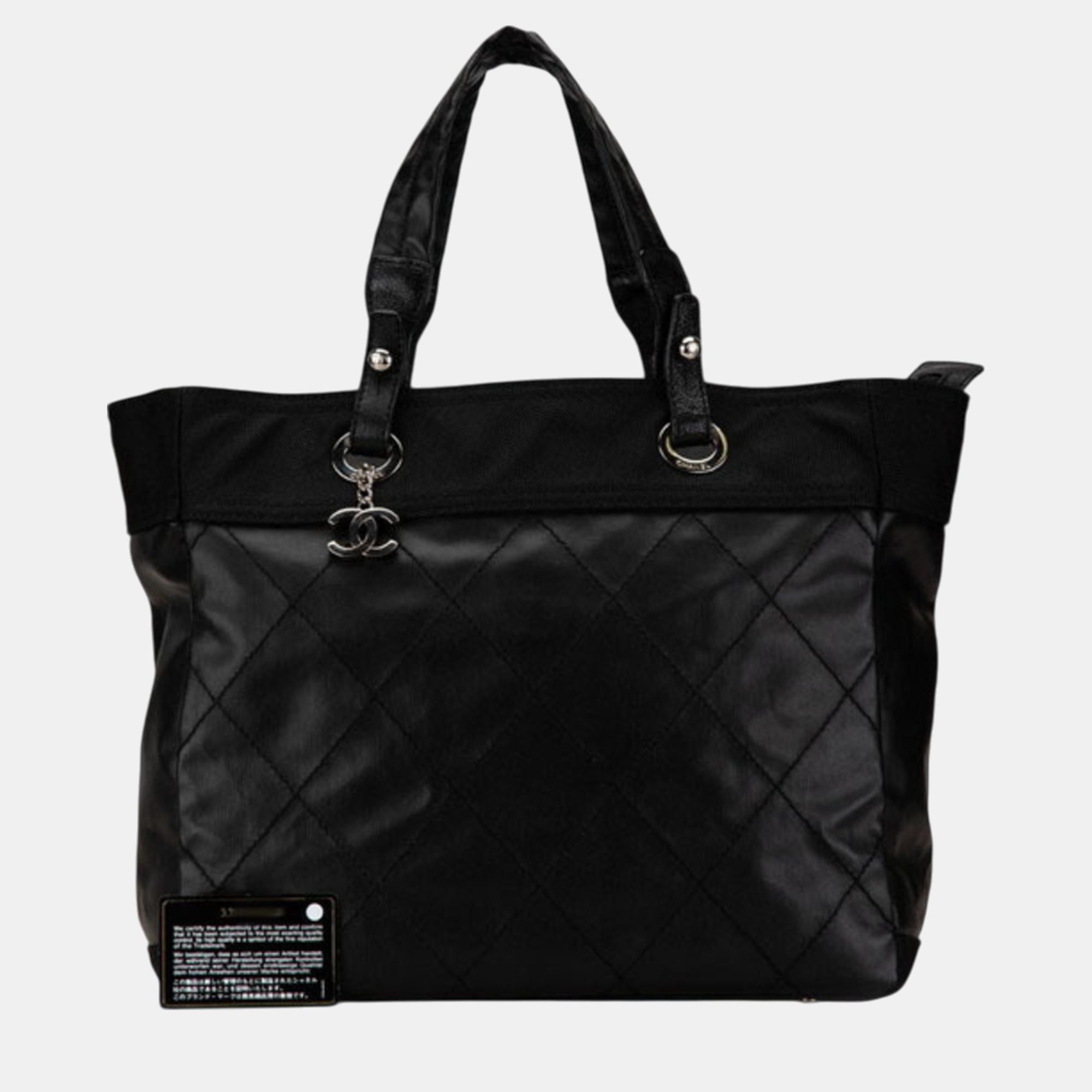 Chanel Black Leather Coco Mark Paris Biarritz MM  Tote Bag